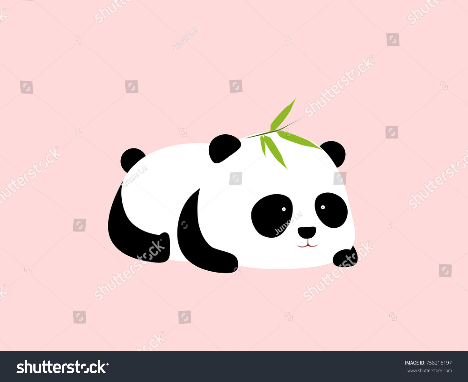ベクターイラスト かわいい漫画のジャイアントパンダが腹に横たわり 頭に笹の葉が付いています のベクター画像素材 ロイヤリティフリー