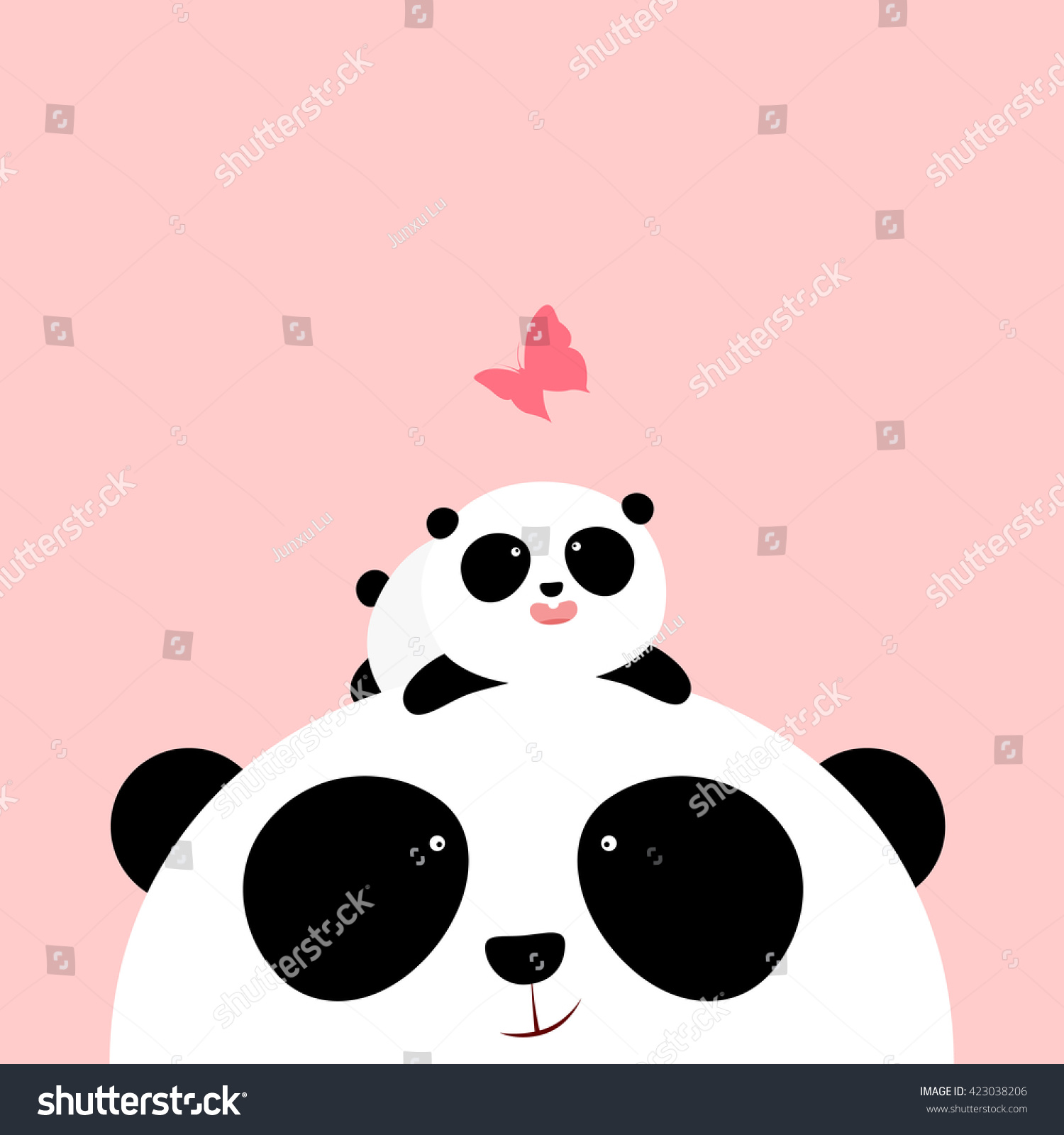 SVG of Vector Illustration: A cute cartoon little panda is lying on the head of his father / mother, looking at a butterfly. svg