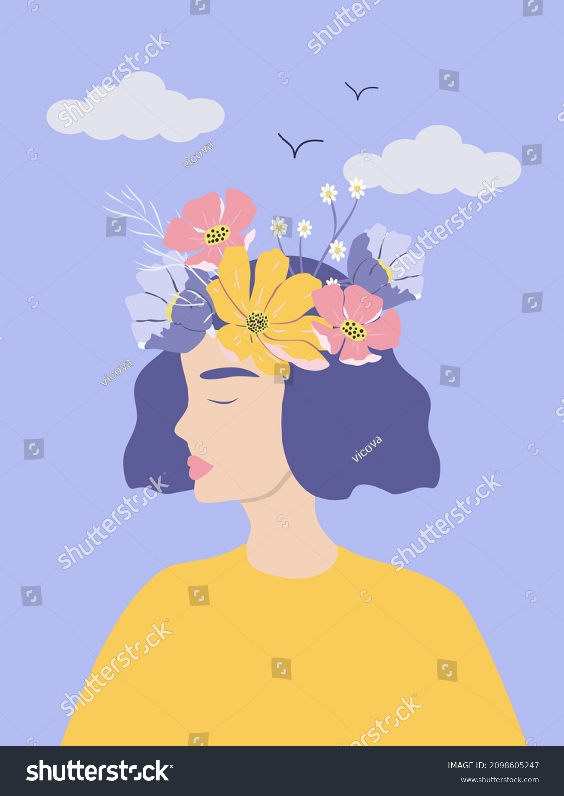 Vector Illustration Young Woman Flowers Her Stock Vector (Royalty Free ...