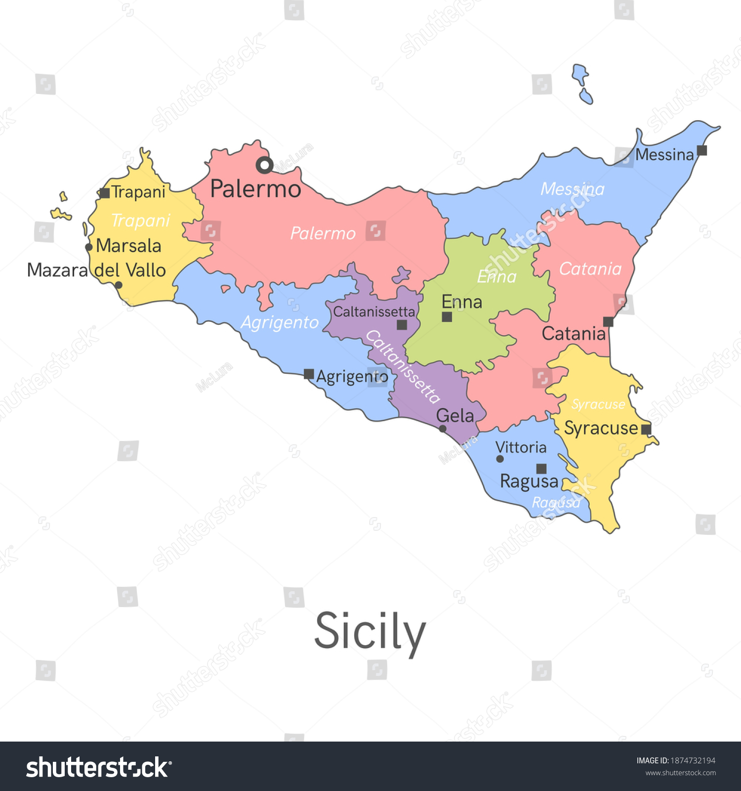 Vector Illustration Administrative Map Sicily Borders   Stock Vector Vector Illustration Administrative Map Of Sicily With The Borders Of The Provinces Names Of 1874732194 