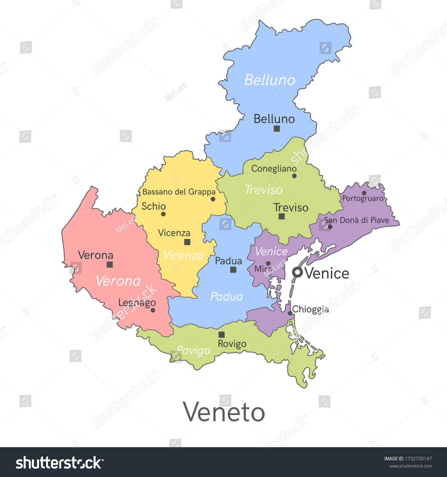 Vector Illustration Administrative Map Veneto Borders Vector C S N Stock Vector Vector Illustration Administrative Map Of Veneto With The Borders Of The Provinces Names Of 1732730147