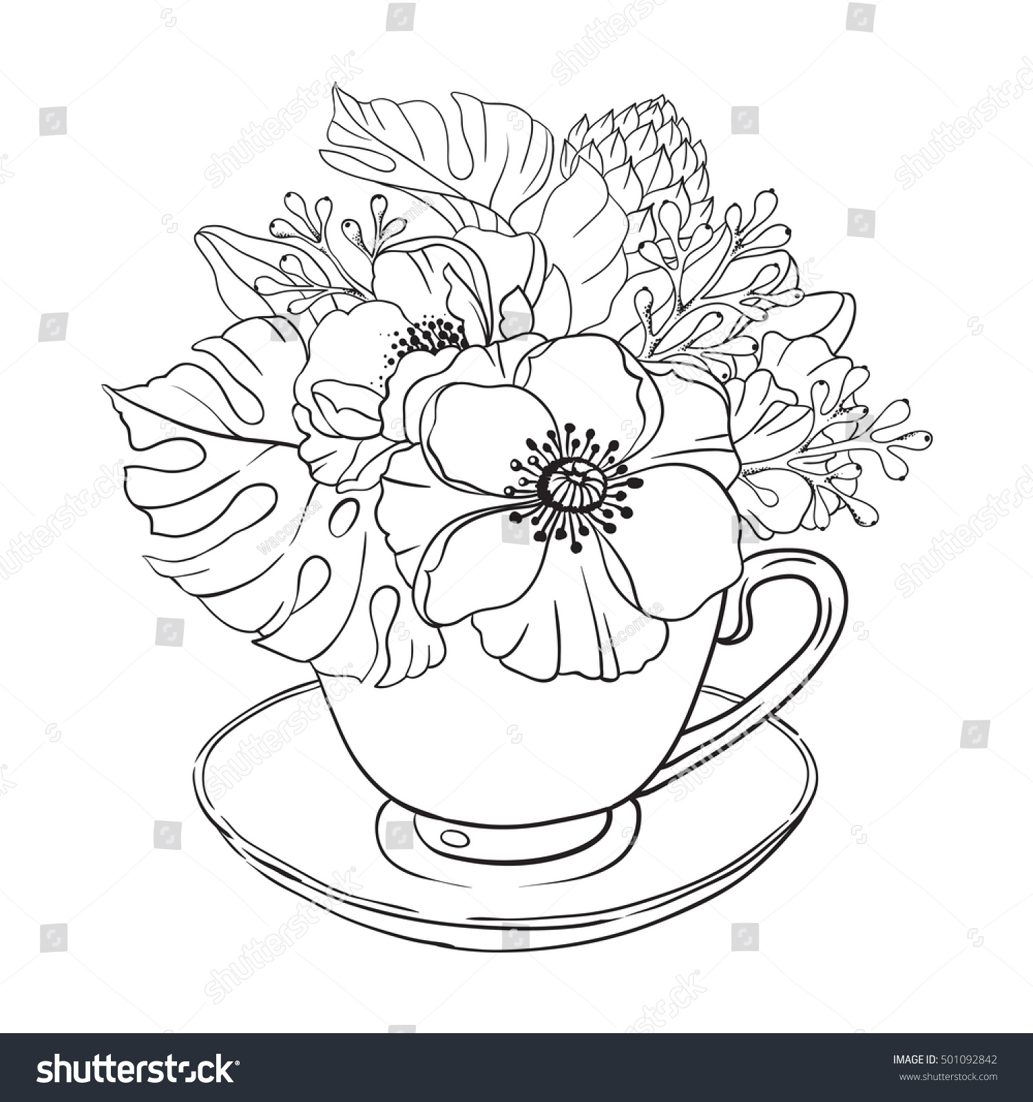 vector illustration adult coloring page flowers bouquet tea cup flowers background