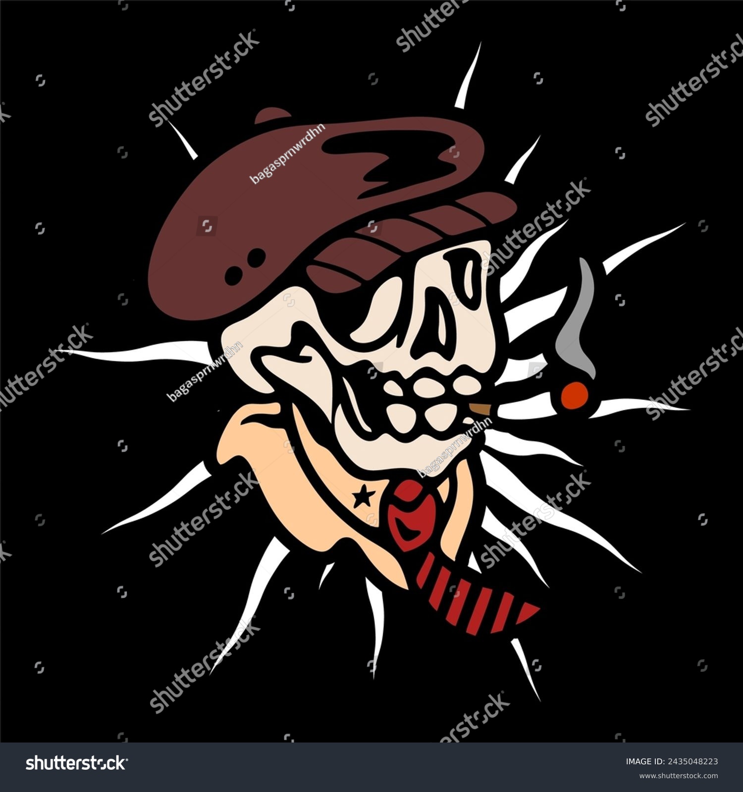SVG of vector illustration artwork of skeleton skull head wearing flat cap classic hat with tie and smoking cigarette.Can be used as Logo, Brands, Mascots, tshirt, sticker,patch and Tattoo design.
 svg