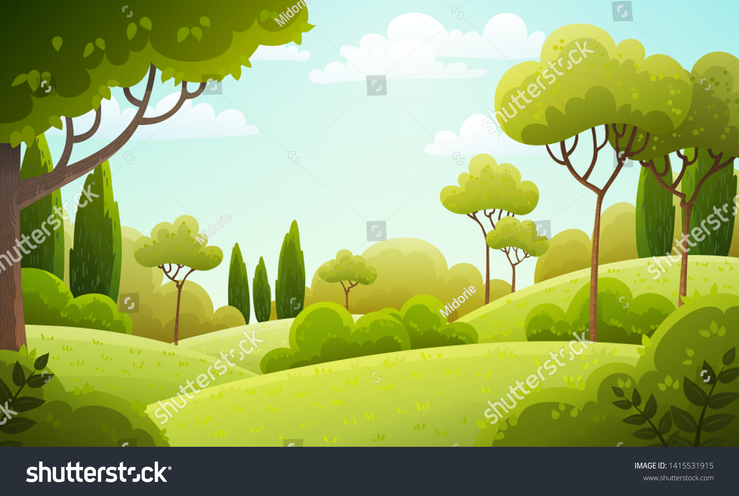 SVG of Vector illustration background of the Italian countryside. Hill landscape with pines and cypresses. Spring scenery with green grass and blue sky. svg