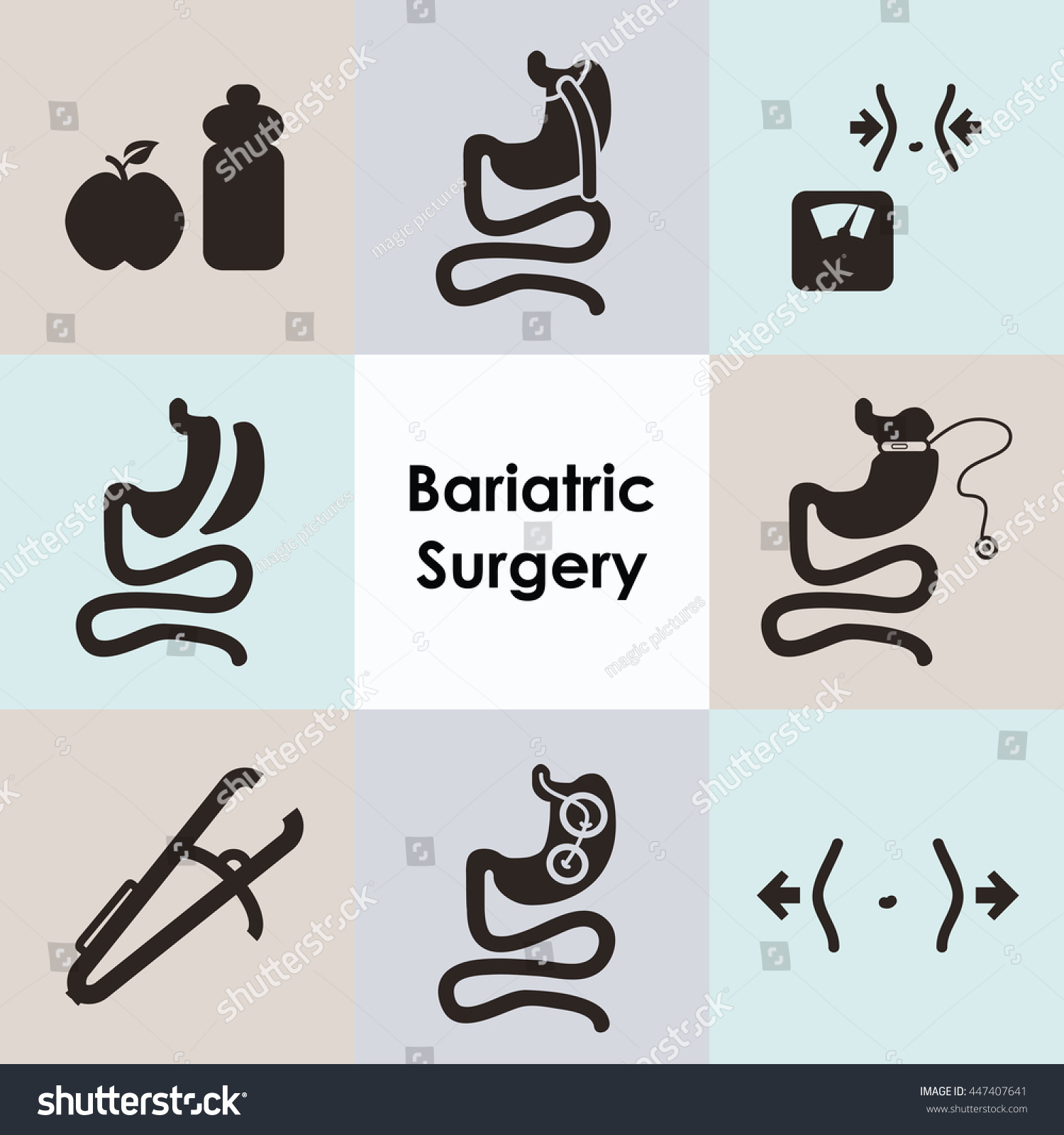 SVG of vector illustration / bariatric surgery icons set including gastric bypass balloon band sleeve gastrectomy and caliper svg