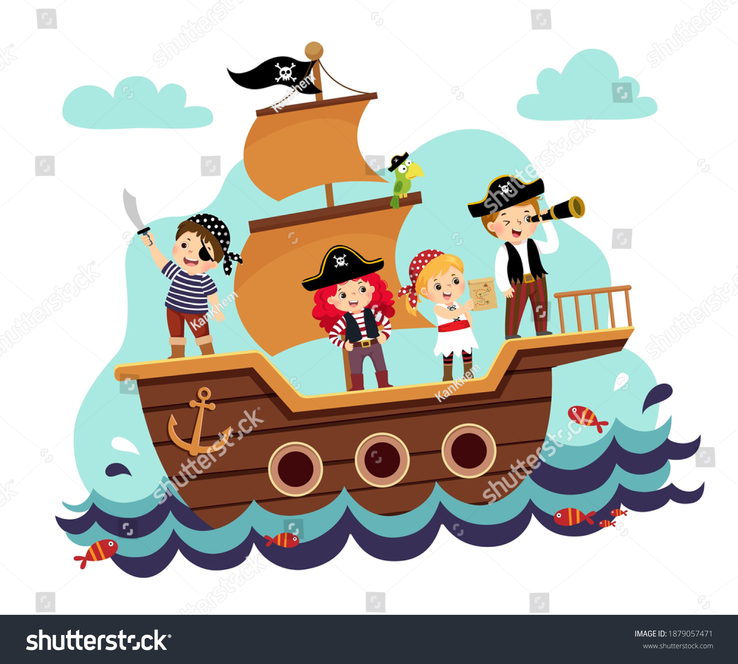 SVG of Vector illustration cartoon of kids pirates on the ship at the sea. svg