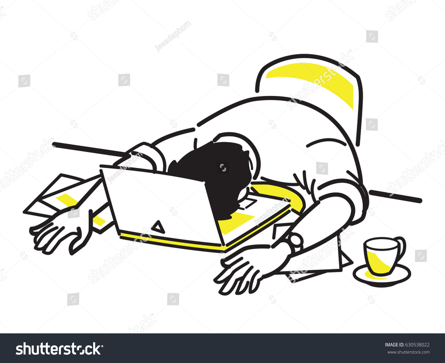 疲れた実業家がノートパソコンの上で寝 机の上で過負荷の仕事をし 疲れ果て 疲れ果てた様子を描いたベクターイラスト 線の描画スタイル シンプルなデザイン のベクター画像素材 ロイヤリティフリー