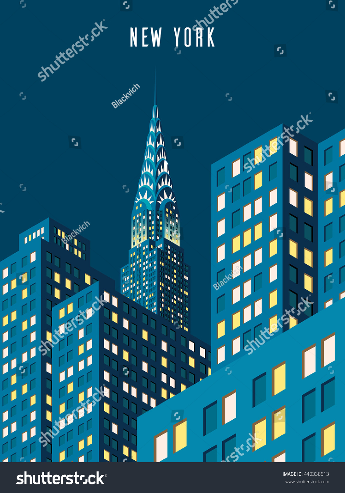 SVG of Vector illustration. cityscape. Night New York and Chrysler building. Isometric perspective. Cartoon Style. svg