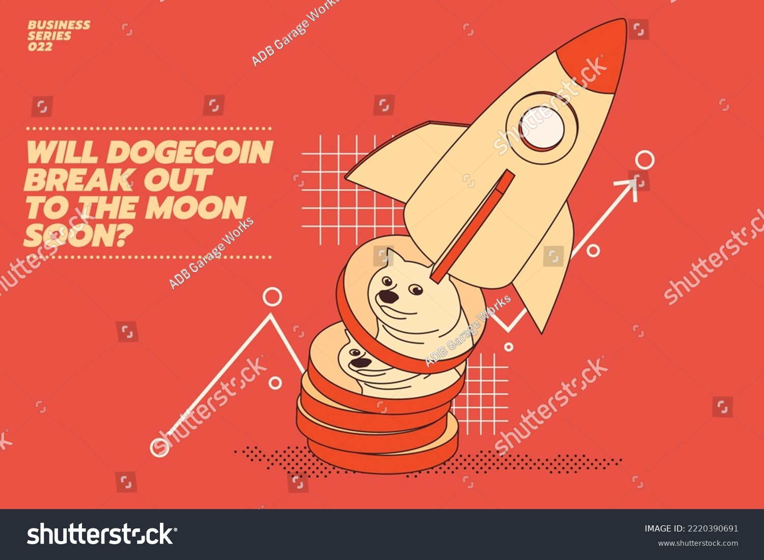 SVG of Vector illustration concept of Dogecoin or crypto currency set to rise with a rocket flying with bitcoin icon and chart in flat style svg