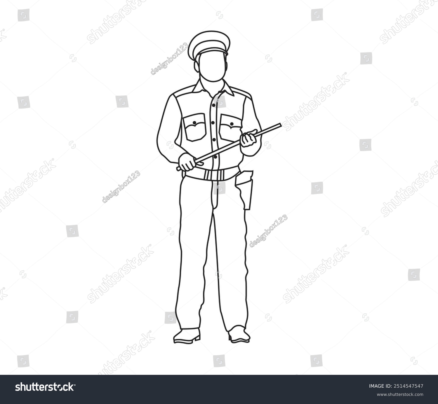 policeman holding baton, black outline, white background clip art preview