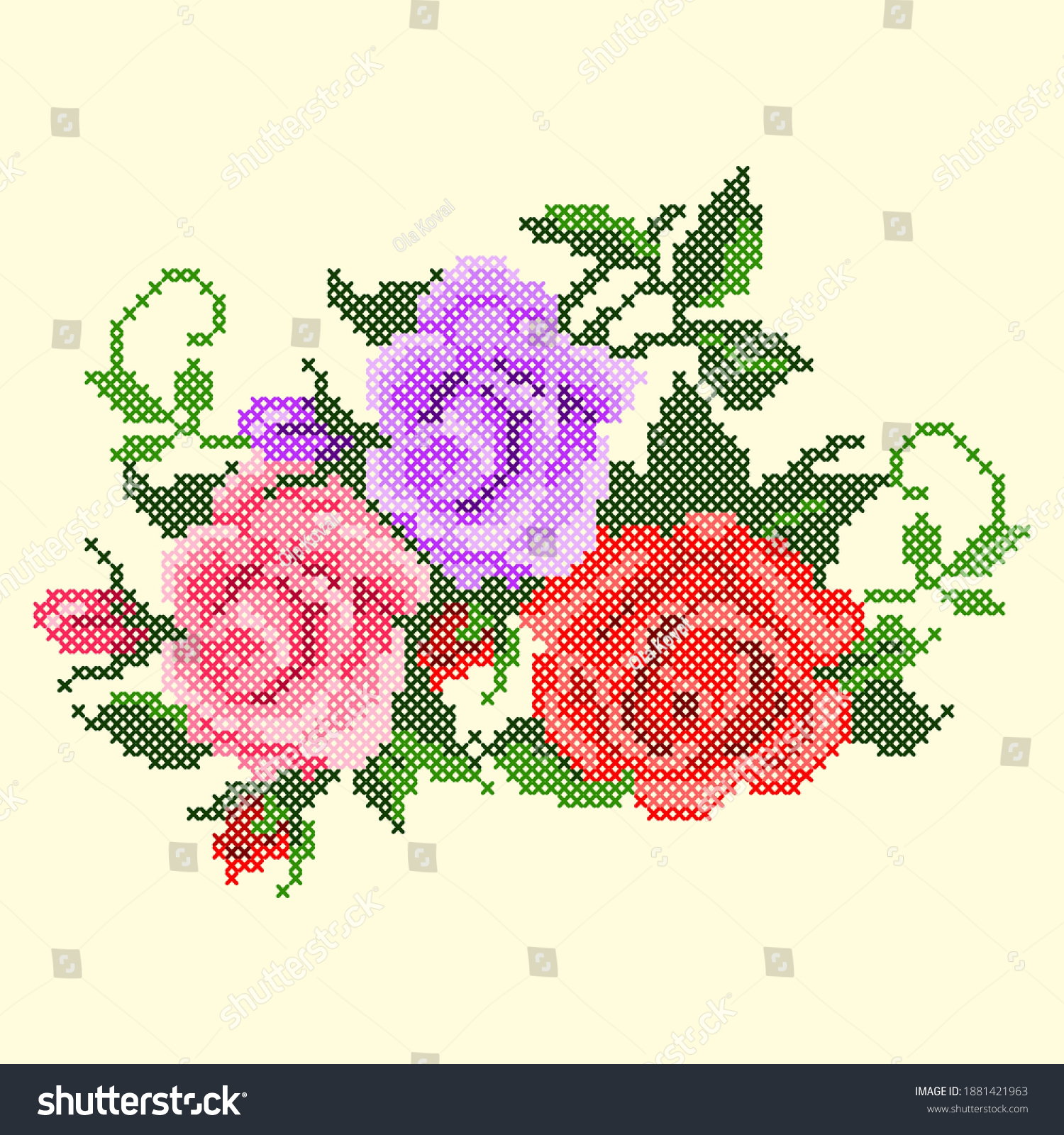 Vector Illustration Cross Stitch Roses Stock Vector (Royalty Free ...