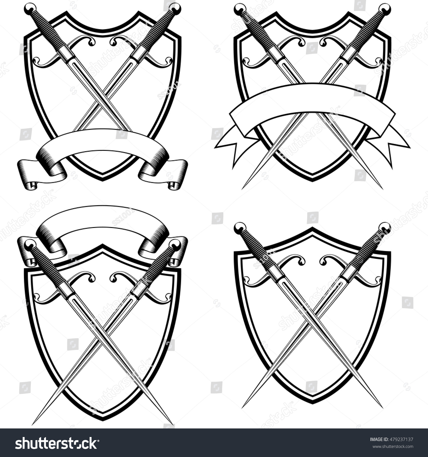 Vector Illustration Crossed Medieval Marine Daggers And Shield With ...