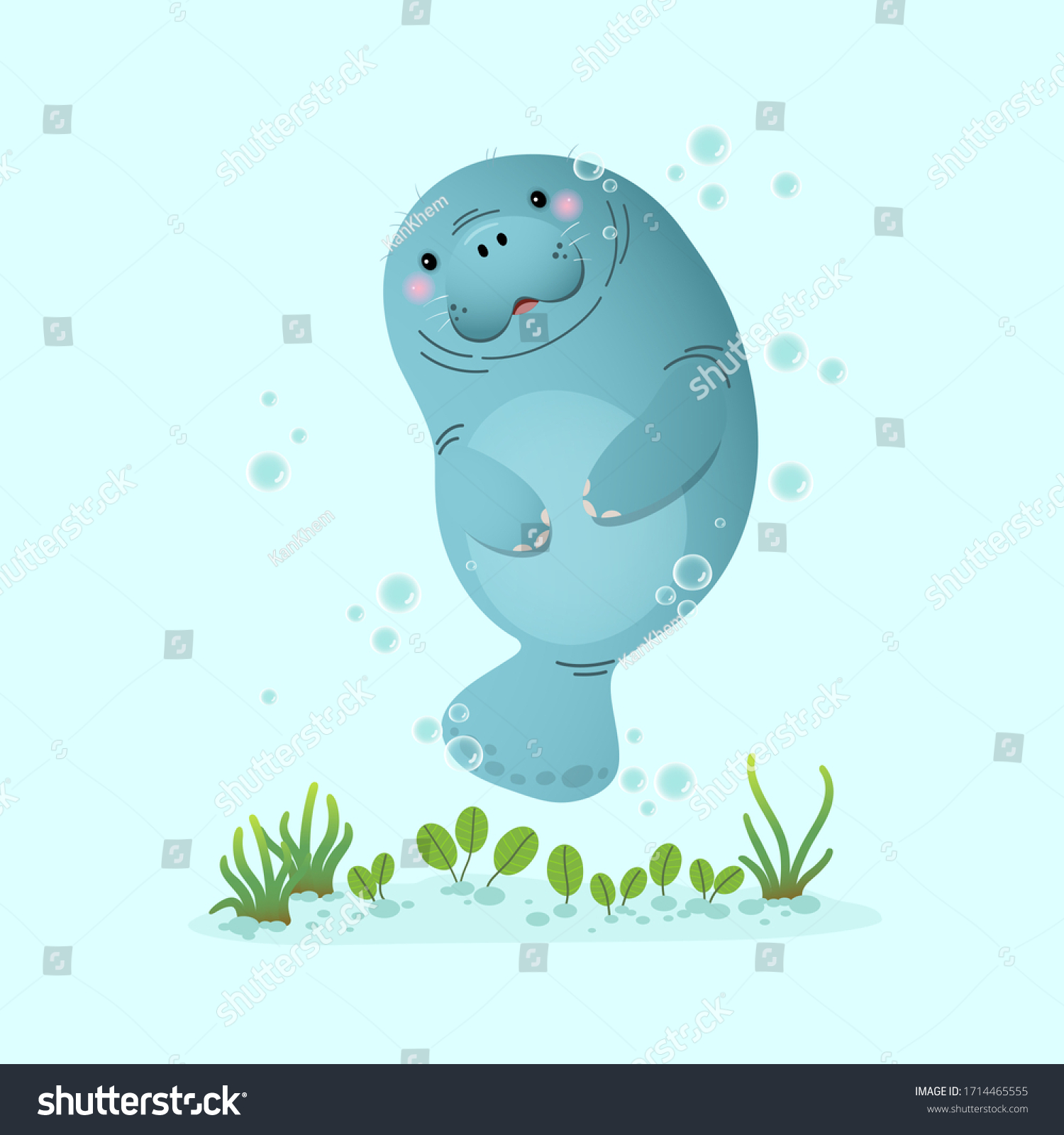 SVG of Vector illustration cute cartoon manatee swimming underwater with seagrass. svg