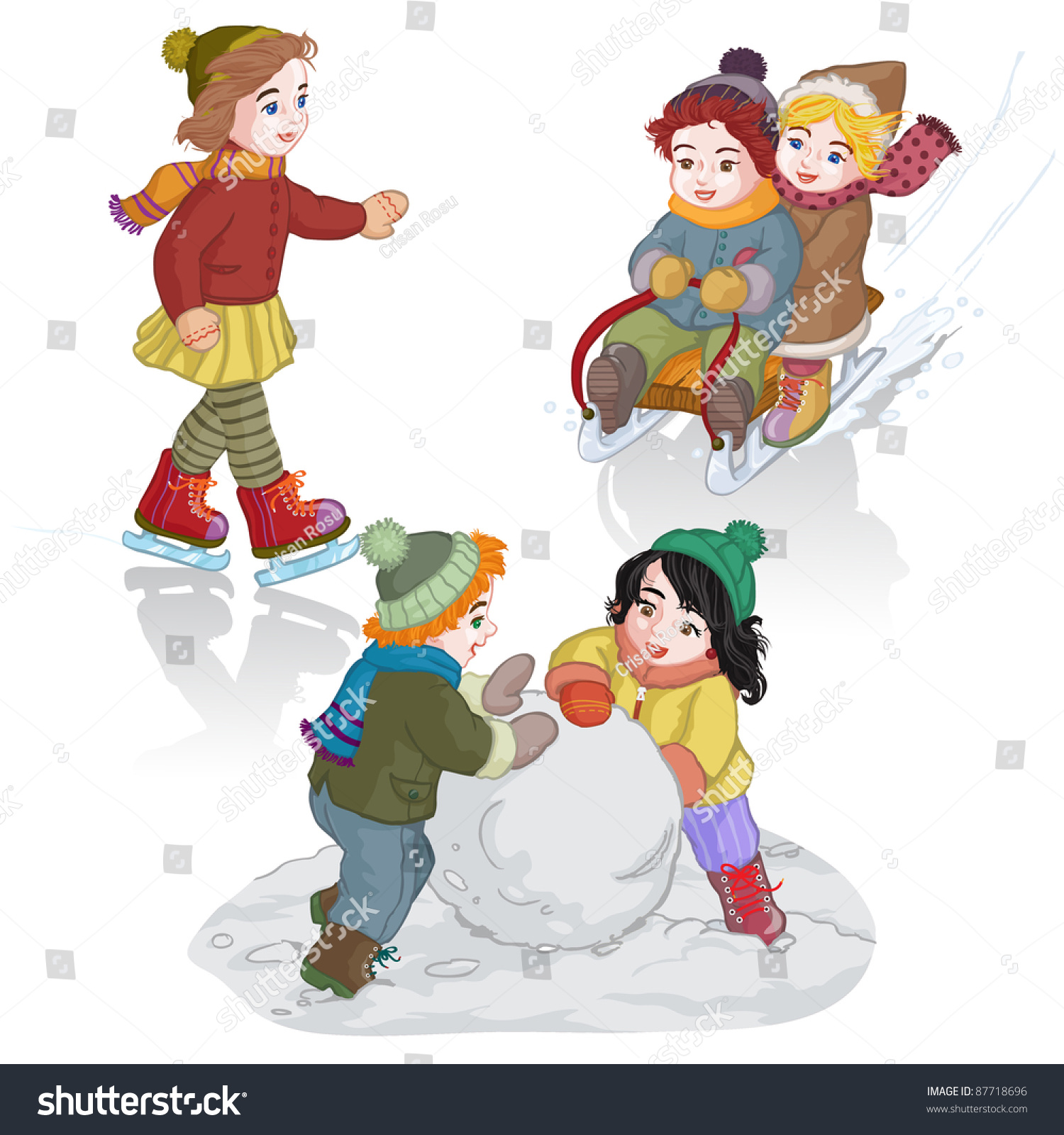 Vector Illustration, Cute Kids Playing Winter Games , Cartoon Concept ...