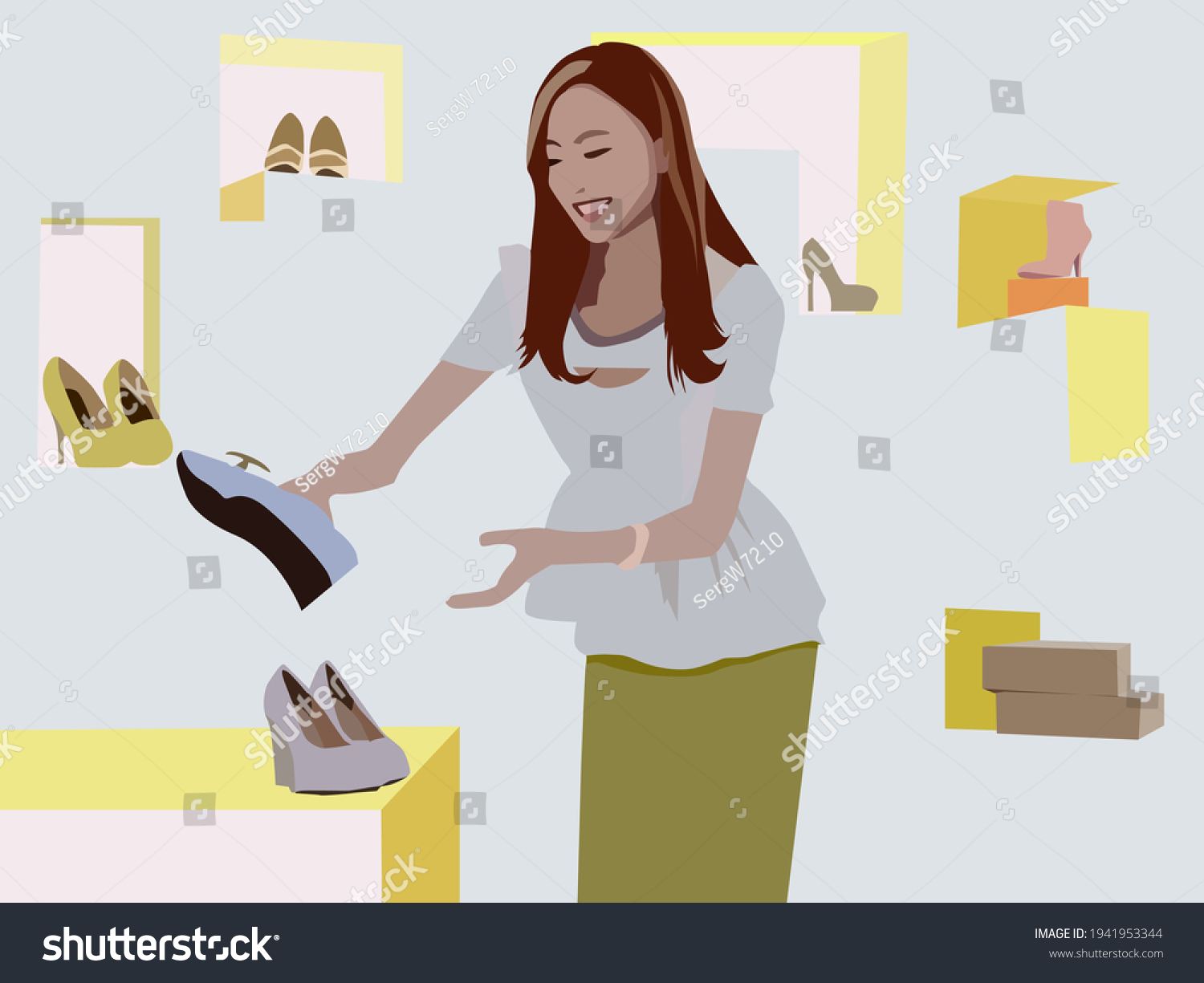 Vector Illustration Depicting Woman Choosing Shoes Stock Vector ...