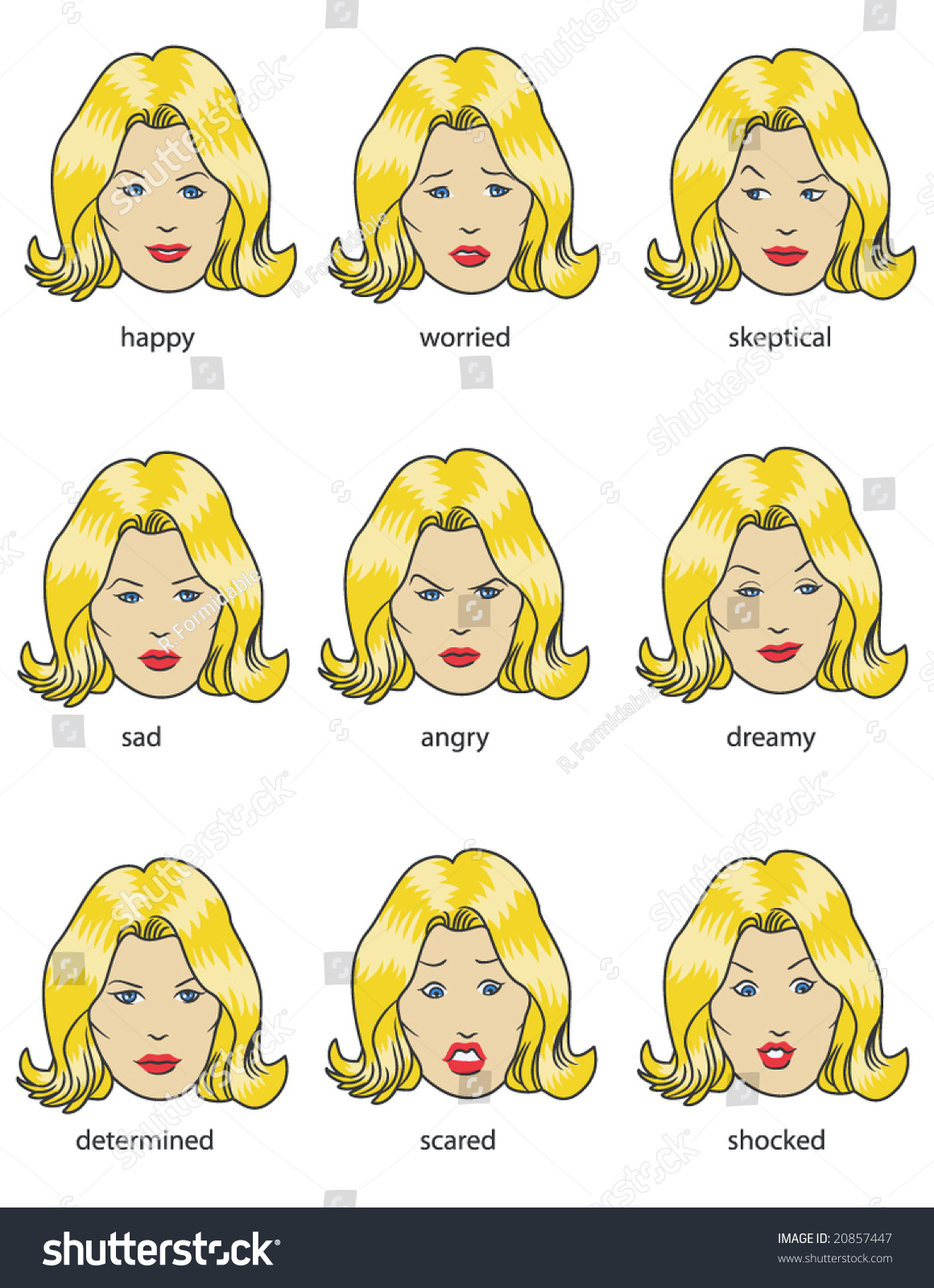 Vector Illustration Depicting A Woman'S Different Facial Expressions ...