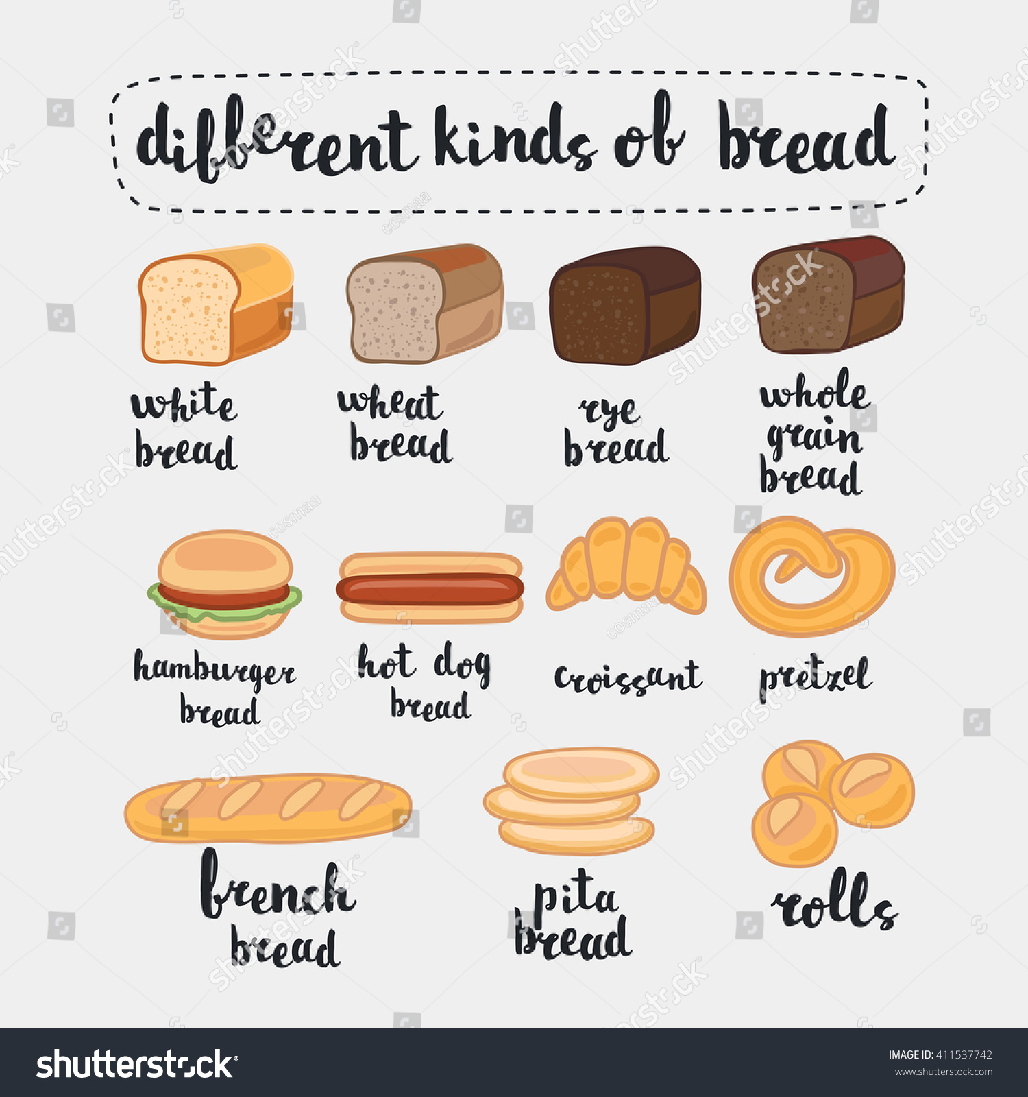 Vector Illustration Different Kinds Of Bread Isolated On White. Set Of ...