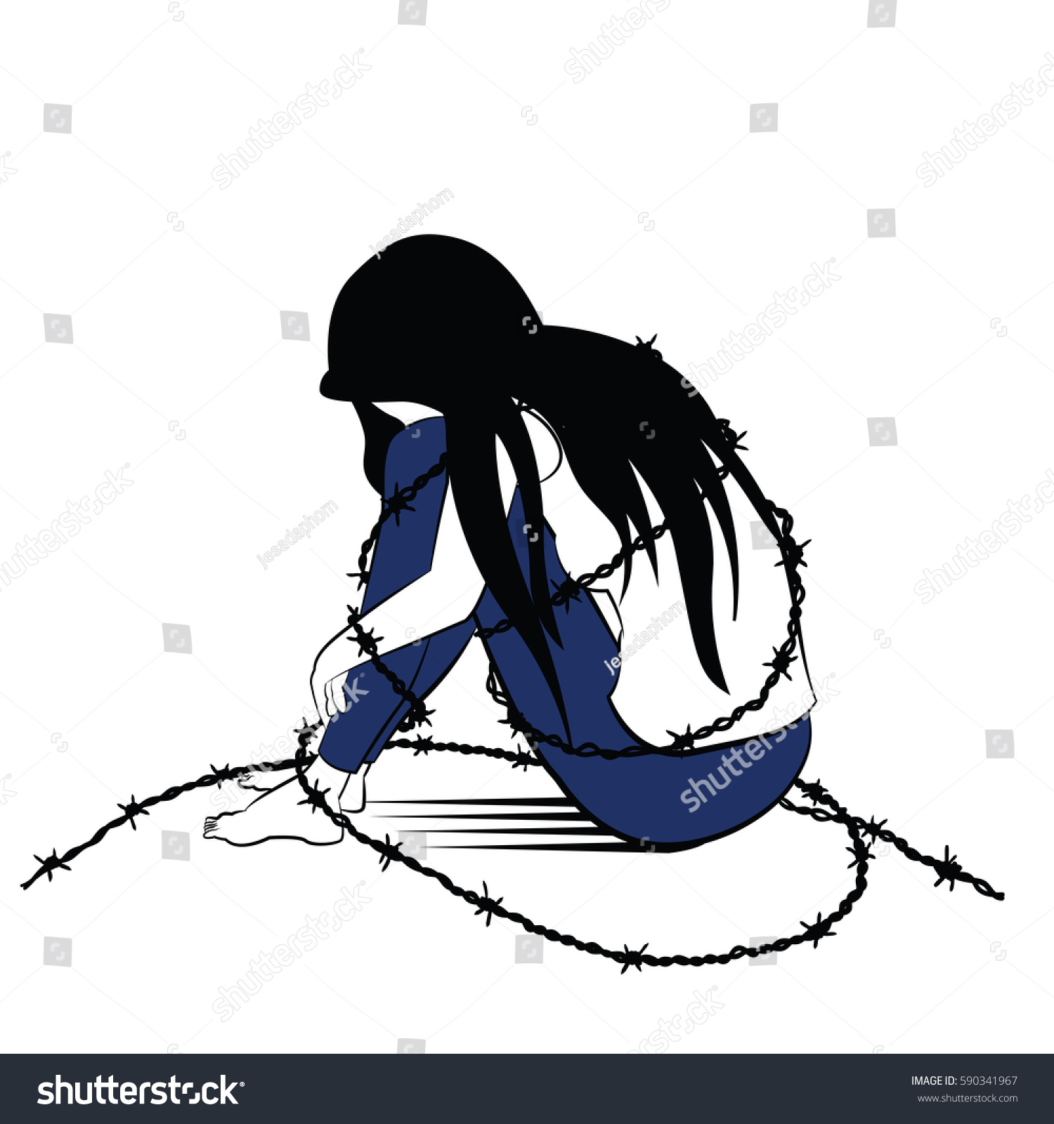 インク写生風のベクターイラスト 孤独な女性 悲しみとうつ病 一人で丸く締め付けられたワイヤーで囲まれた状態で座り 女性が投獄されたり 檻に入れられたりする姿を描いたもの のベクター画像素材 ロイヤリティフリー