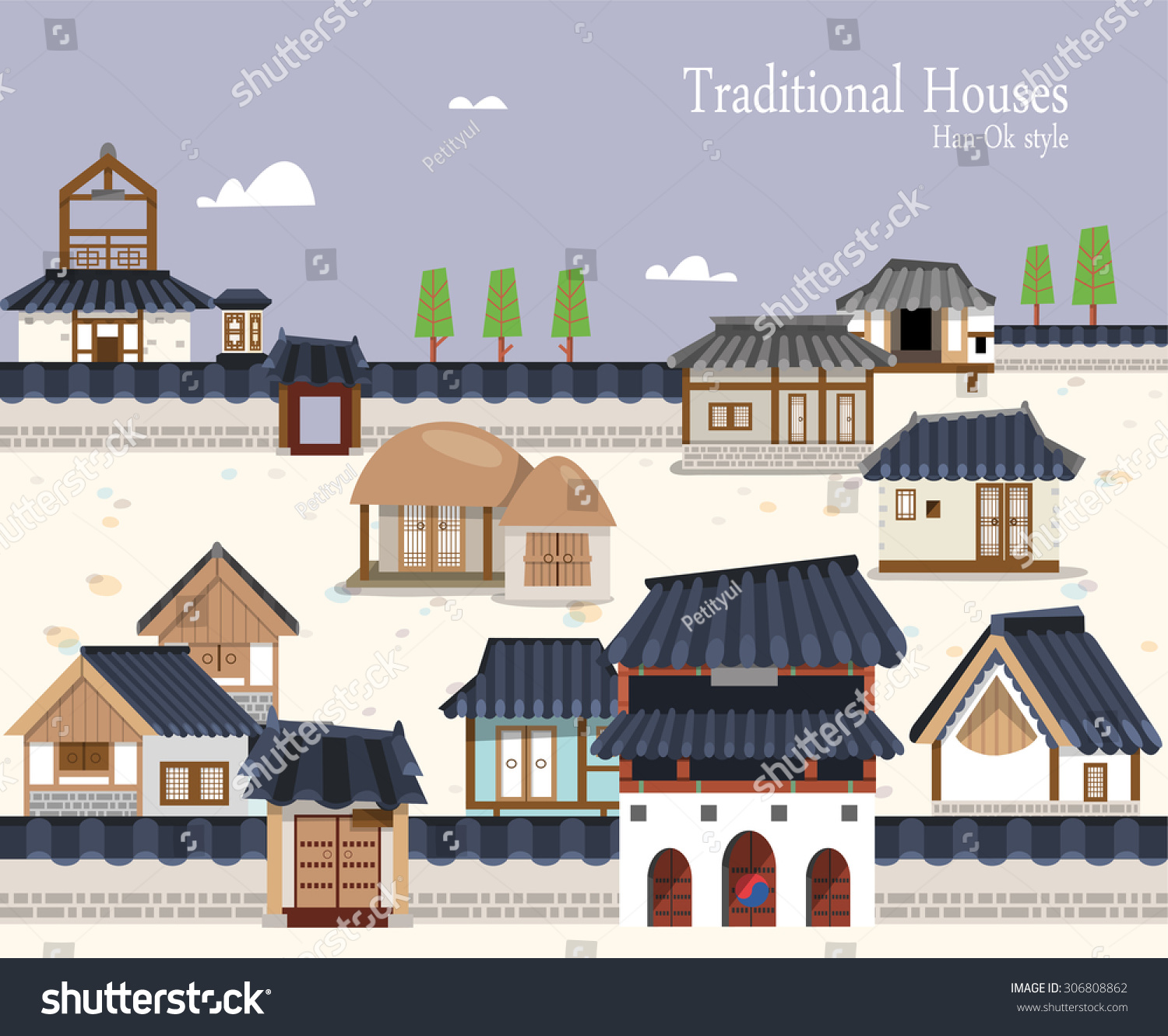 vector korea home Vector Town Old Stock Illustration Surrounded Featuring