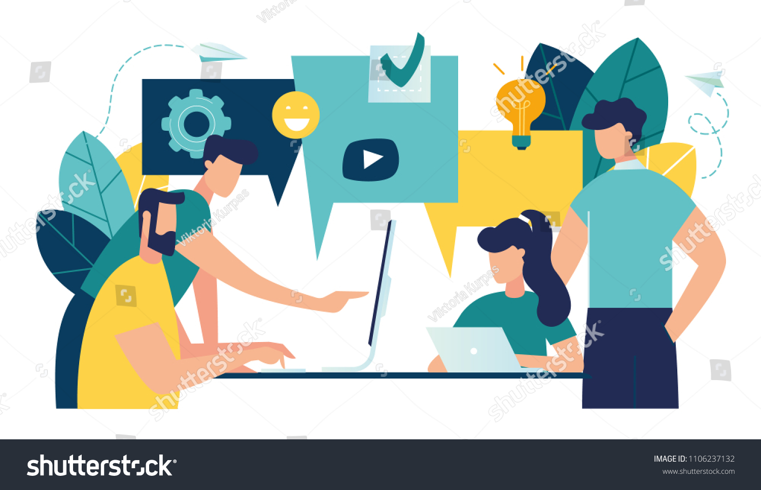 Vector illustration, flat style, businessmen discuss social network, news, social networks, chat, dialogue speech bubbles, new projects