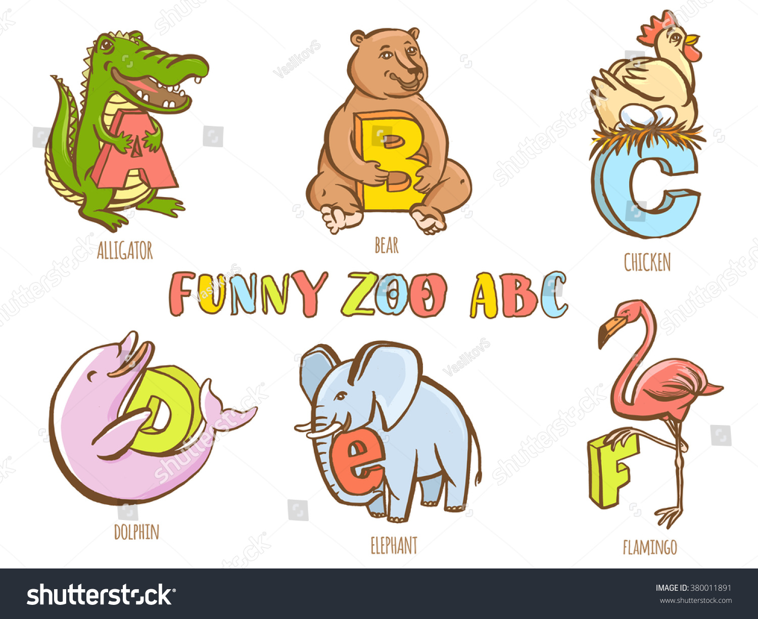 Vector Illustration Funny Zoo Animals Kid'S Alphabet. Hand Drawn Ink ...