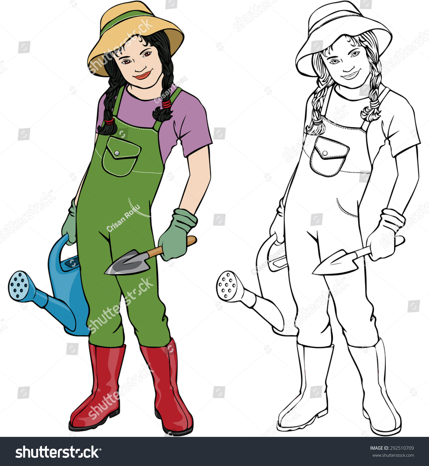 Vector Illustration, Gardener Girl, Coloring Drawing, Card Concept