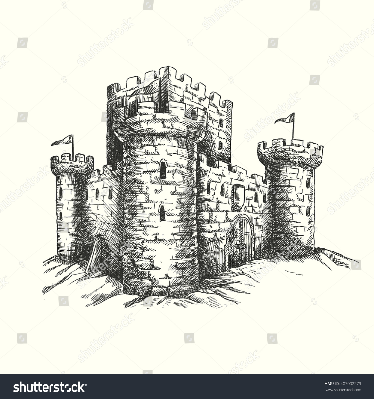 Stock Vector Vector Illustration Hand Drawn Engraved Medieval Castle Isolated On White Background Unique 407002279 