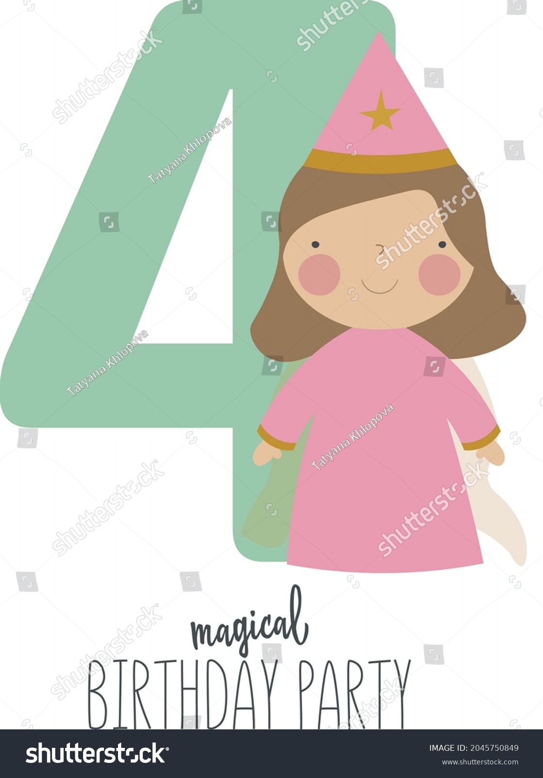 SVG of Vector illustration in cartoon style with a cute princess and the number 4. It can be used as a birthday card, poster, banner. svg
