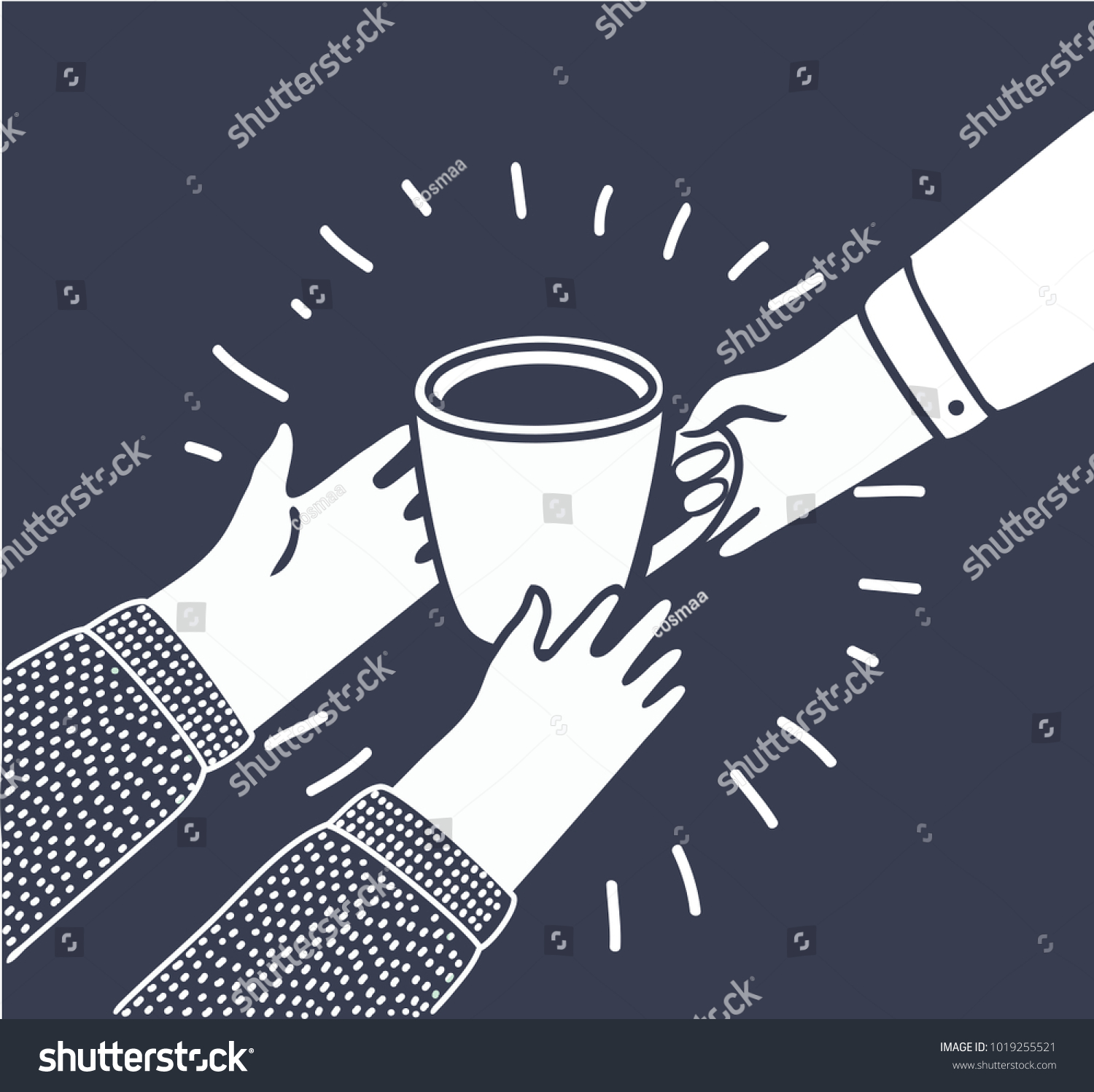 SVG of Vector illustration in cartoon style with persons gives another a Cup of coffee or tea from hand to hand. Help to the needy, humanity, charity, vulnerable sectors of society in black and white style svg
