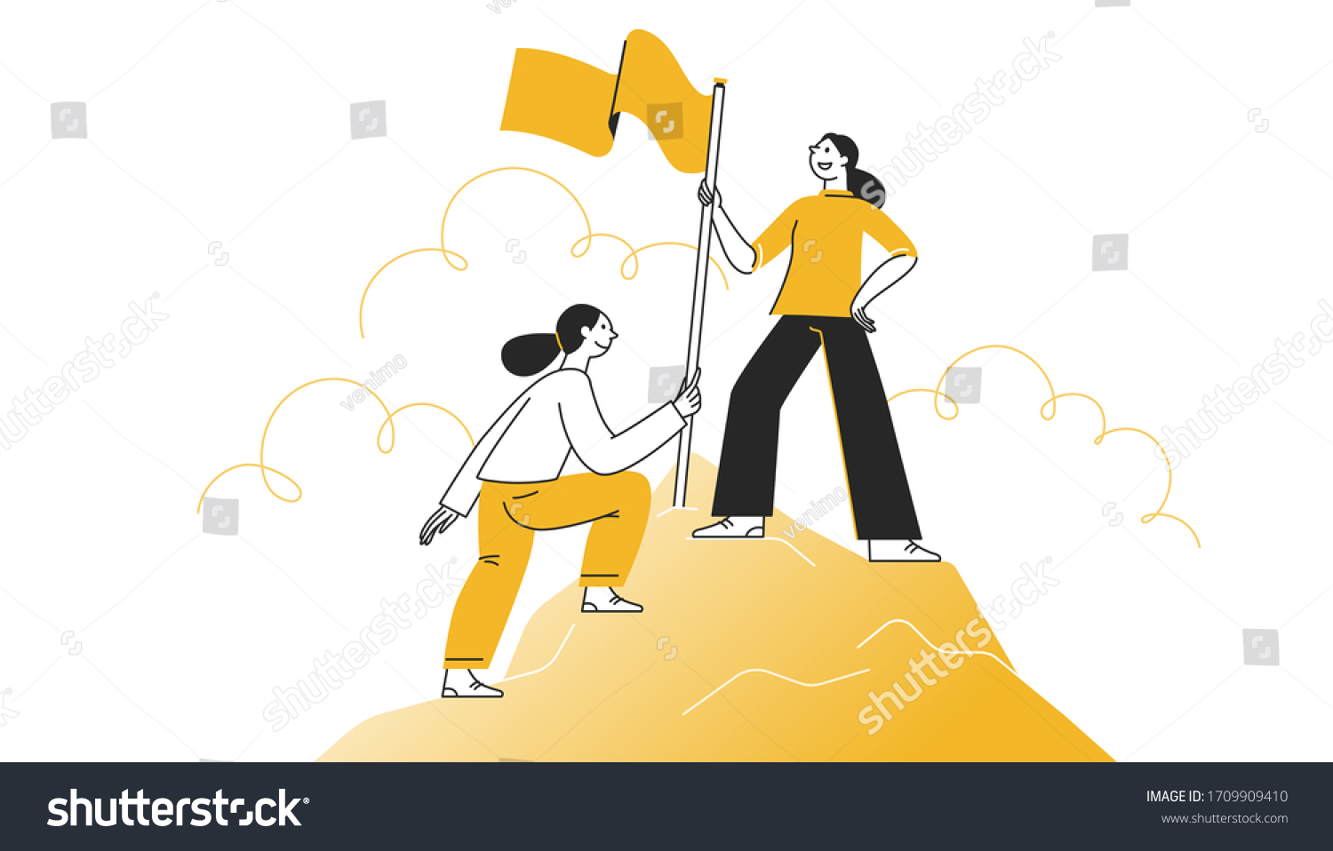SVG of Vector illustration in flat cartoon simple style with characters - women climbing to the top of the mountain with a flag - business competition and challenge concept  svg