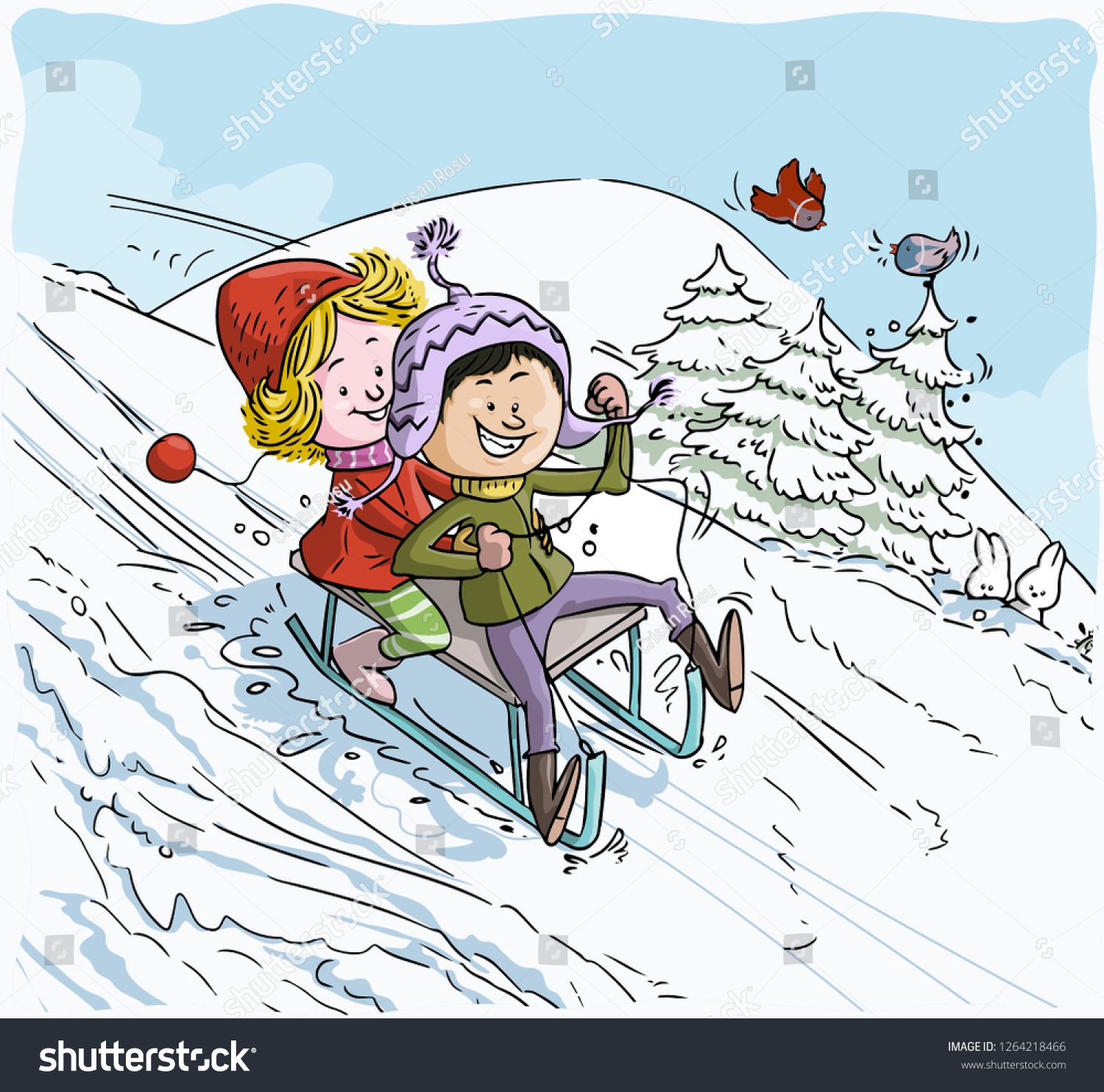 Vector Illustration Kids On Sleigh Cartoon Stock Vector (Royalty Free ...