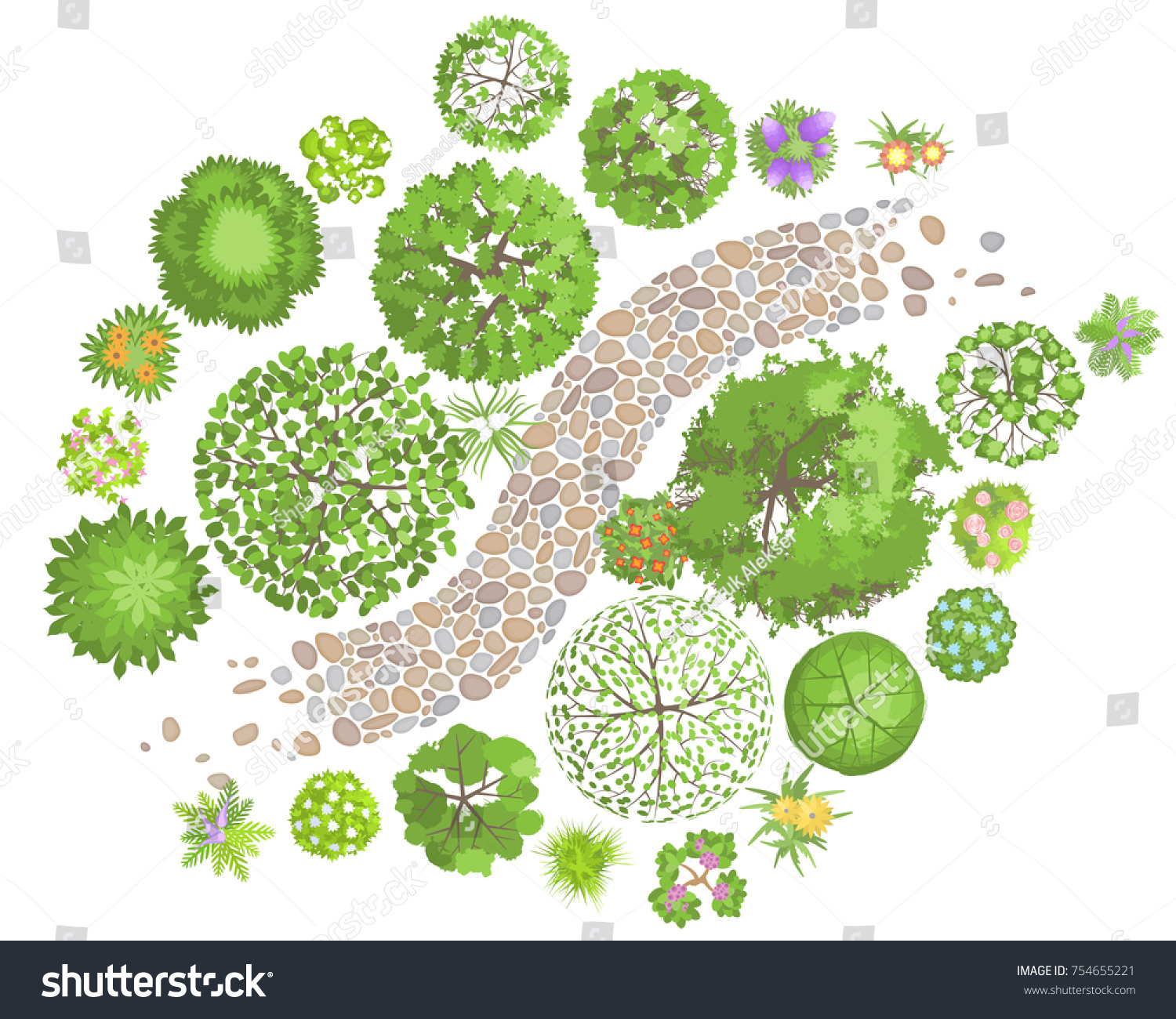 ベクターイラスト 横型デザイン 平面図 道 木 花 上から見る のベクター画像素材 ロイヤリティフリー