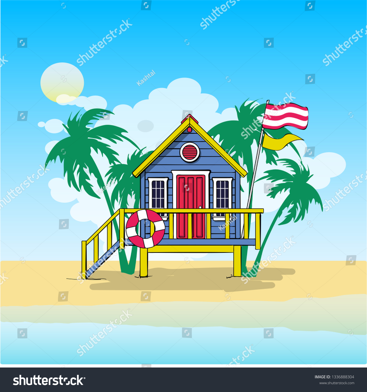 SVG of Vector illustration lifeguard station on a beach with green palm and blue sea.   svg