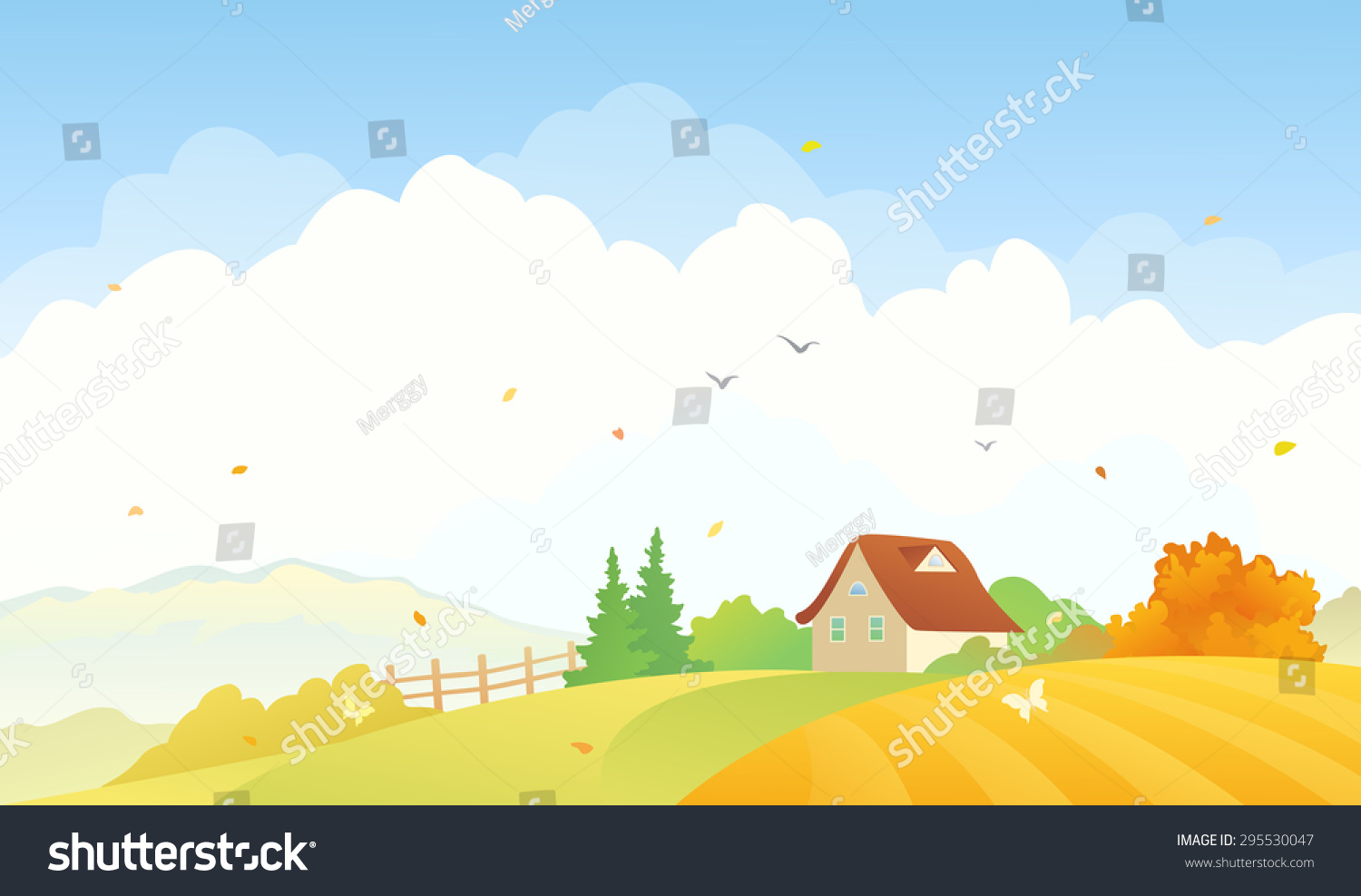 Vector Illustration Of A Beautiful Fall Countryside Landscape With A ...