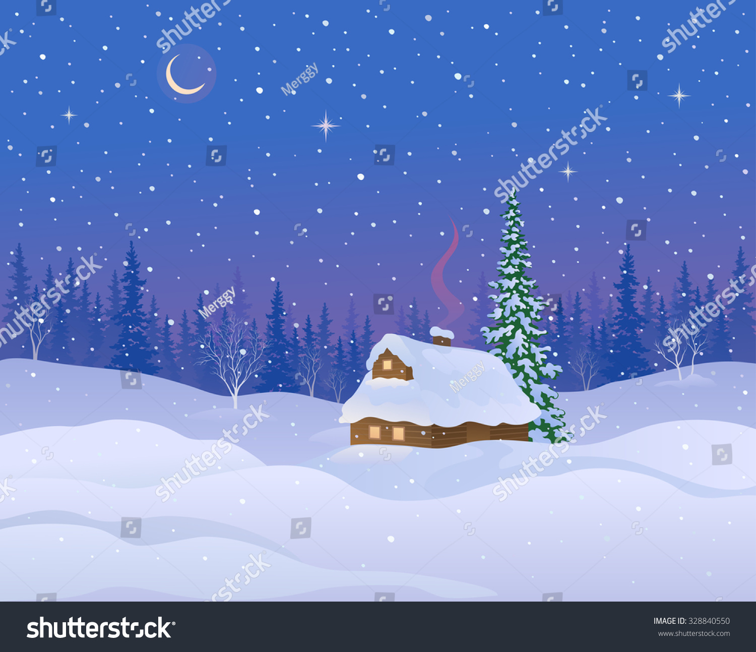 Vector Illustration Of A Beautiful Winter Night Landscape With A Snow ...