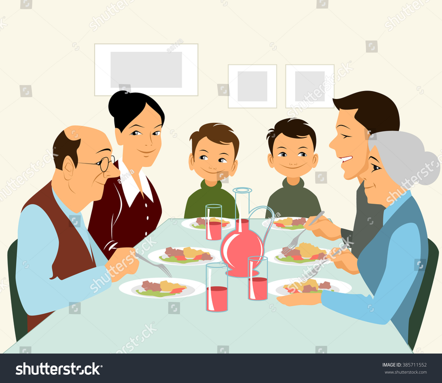 Vector Illustration Of A Big Family Eating - 385711552 : Shutterstock