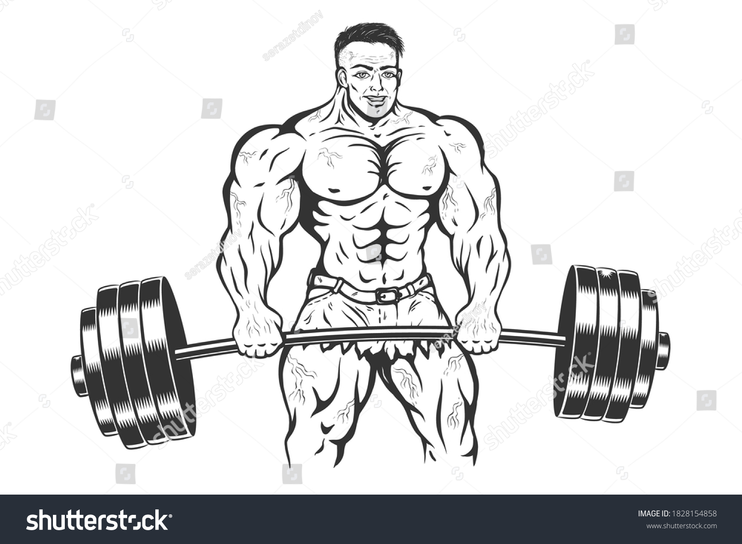 Vector Illustration Bodybuilder Barbell Vintage Cartoon เวกเตอร์สต็อก ปลอดค่าลิขสิทธิ์ 1828154858