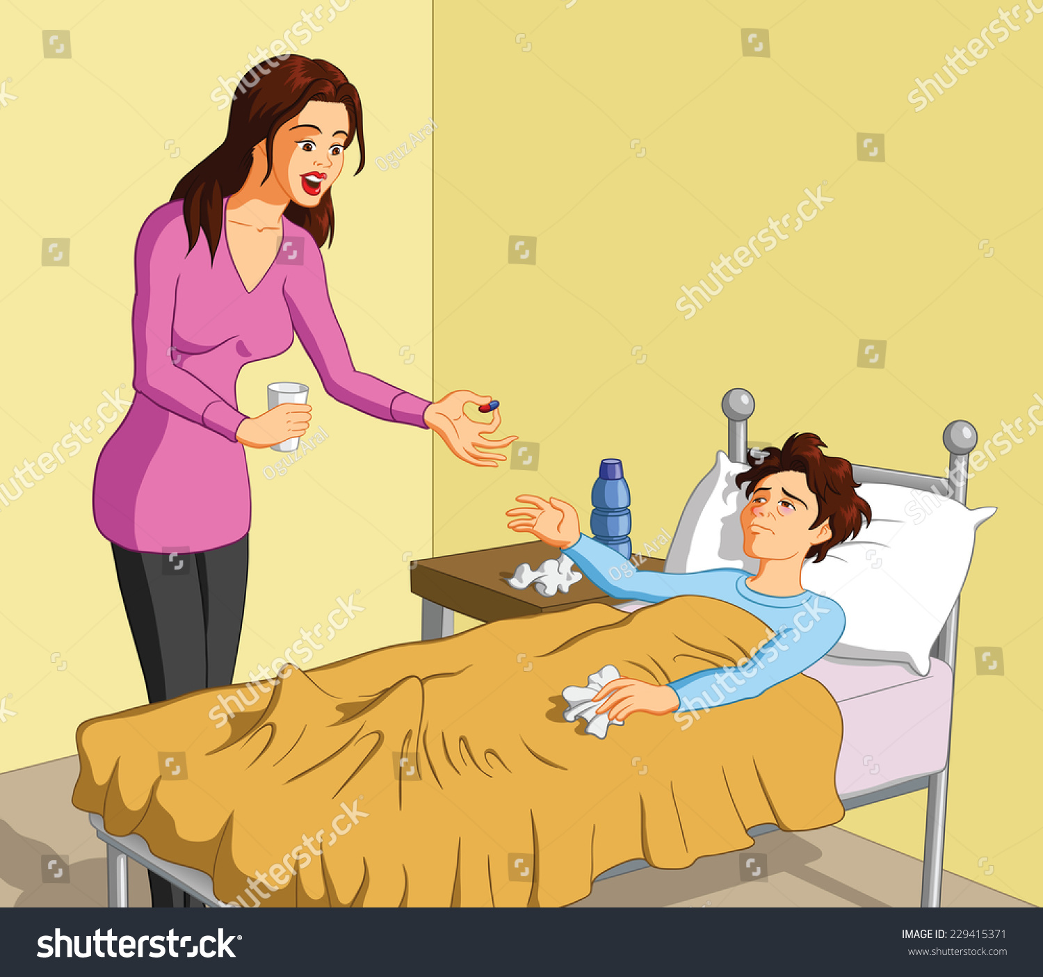 Vector Illustration Of A Caring Mother Giving Pill To Her Sick Boy ...