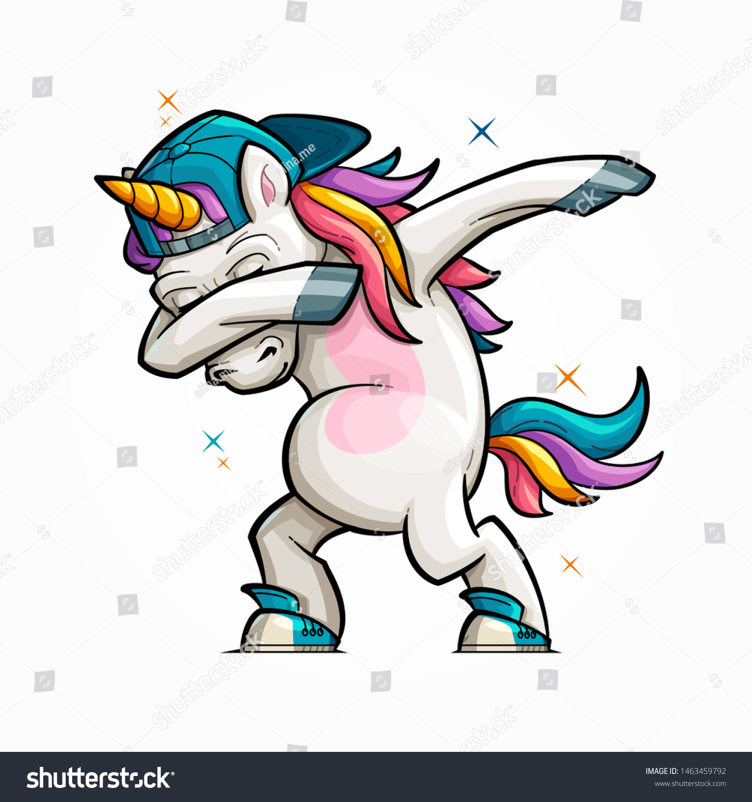 SVG of Vector Illustration of a Cartoon Dabbing Unicorn With a Rainbow Tail Wearing a Baseball Cap Backwards. svg