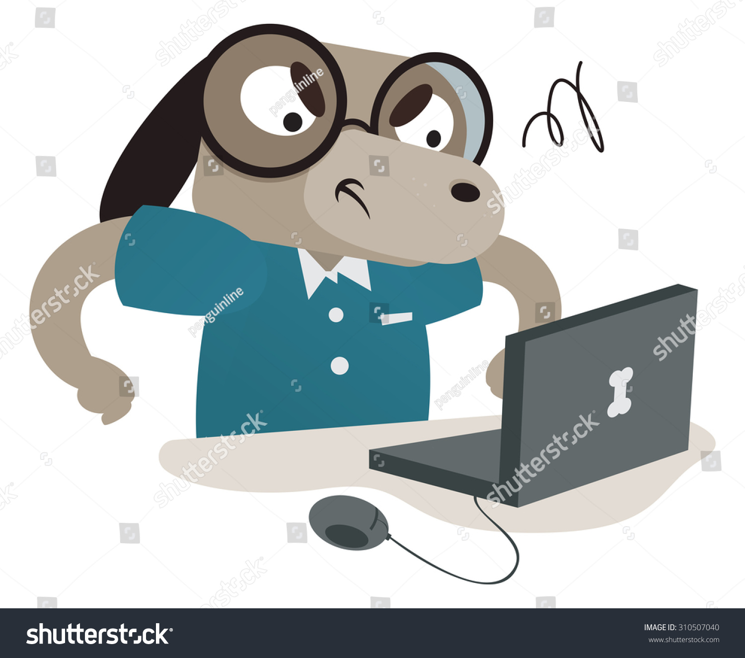 Vector Illustration Of A Cartoon Nerdy Dog Using A Computer. One Group ...