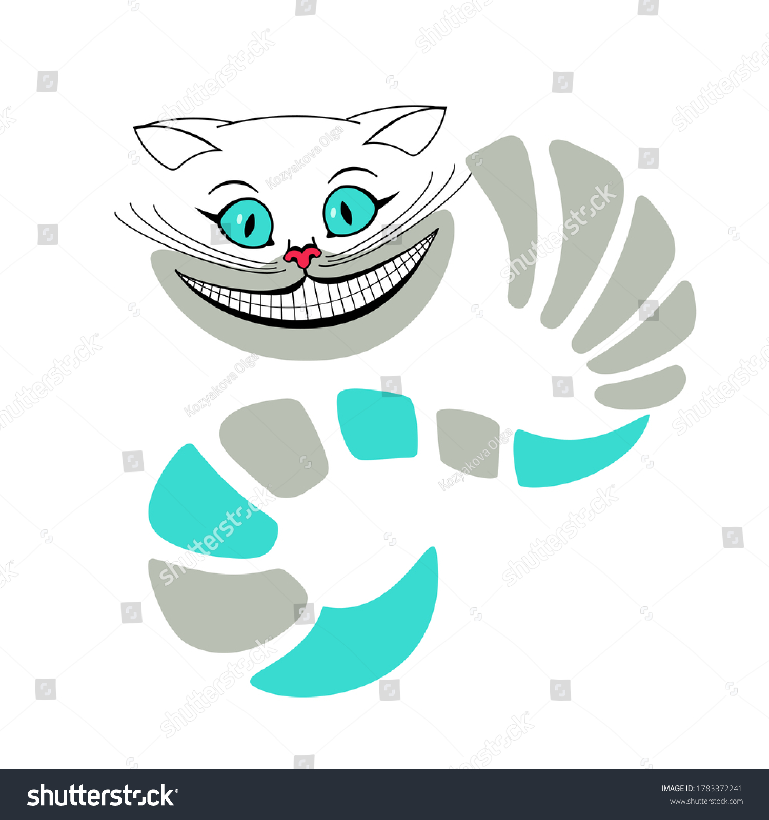 SVG of Vector illustration of a Cheshire cat with a body and a tail. Alice in Wonderland. Cat face. The head of a cat with a large mustache. The Cheshire cat smiled. Flat. svg
