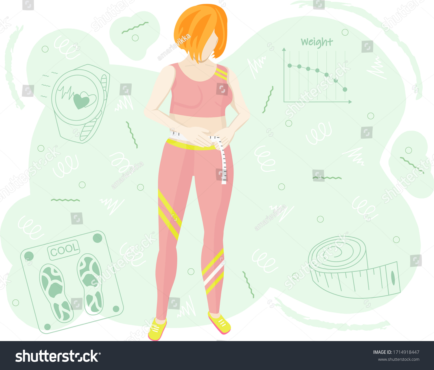 SVG of Vector illustration of a chewing gum that is losing weight. The girl measures the size of the waist. Proper nutrition and weight loss. Conceptual background on the topic of weight loss. svg