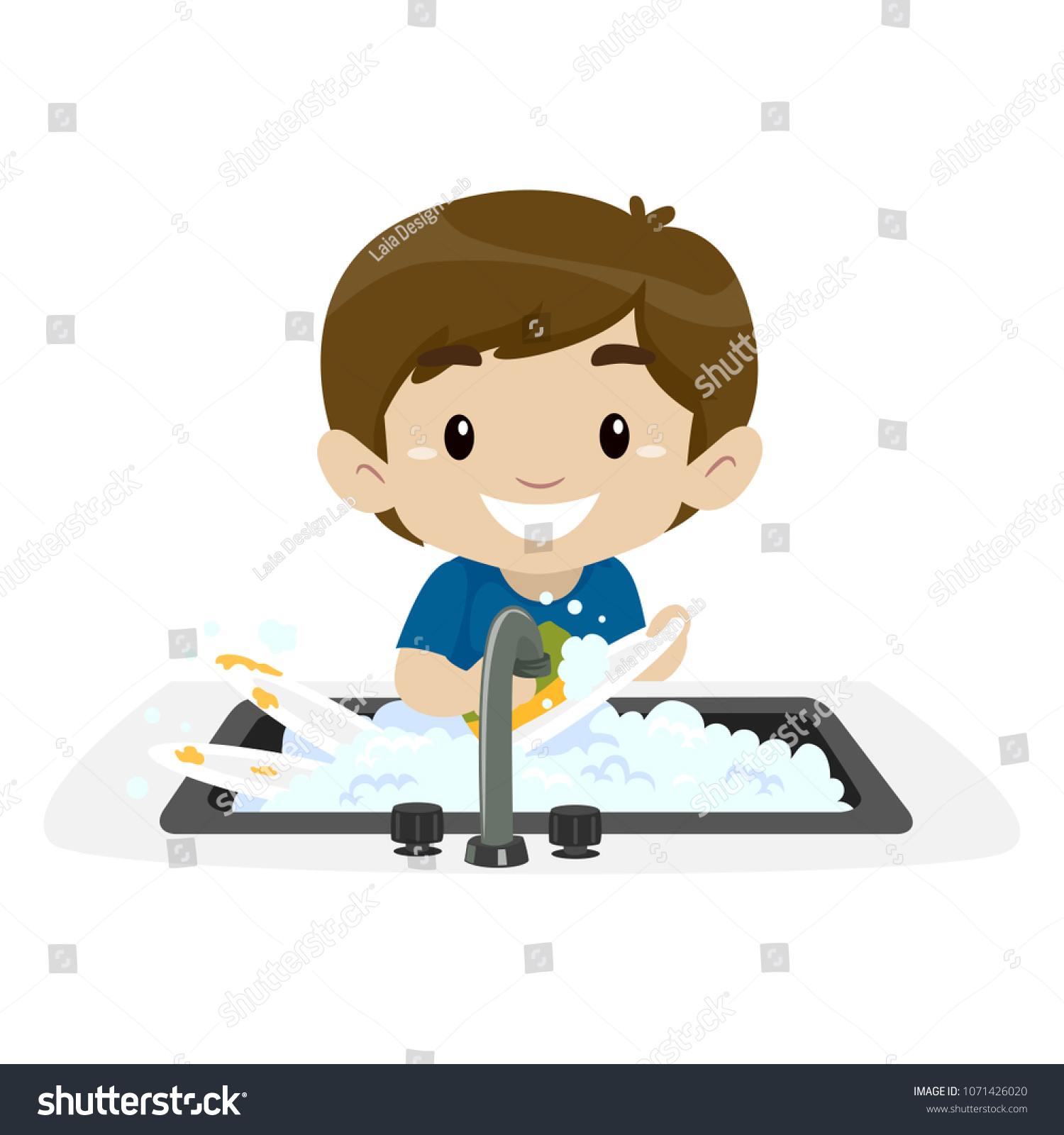 Vector Illustration Child Boy Washing Dishes Stock Vector (Royalty Free ...