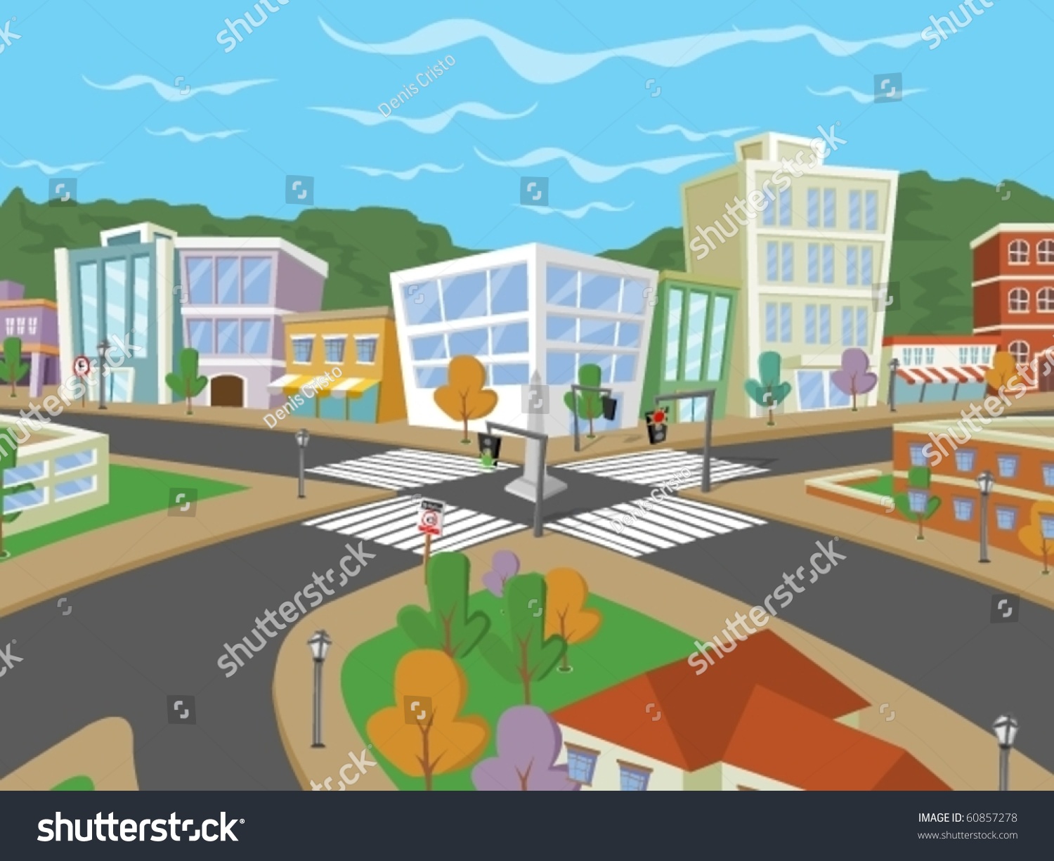 Vector Illustration Of A City Street With Colorful Trees And Buildings ...