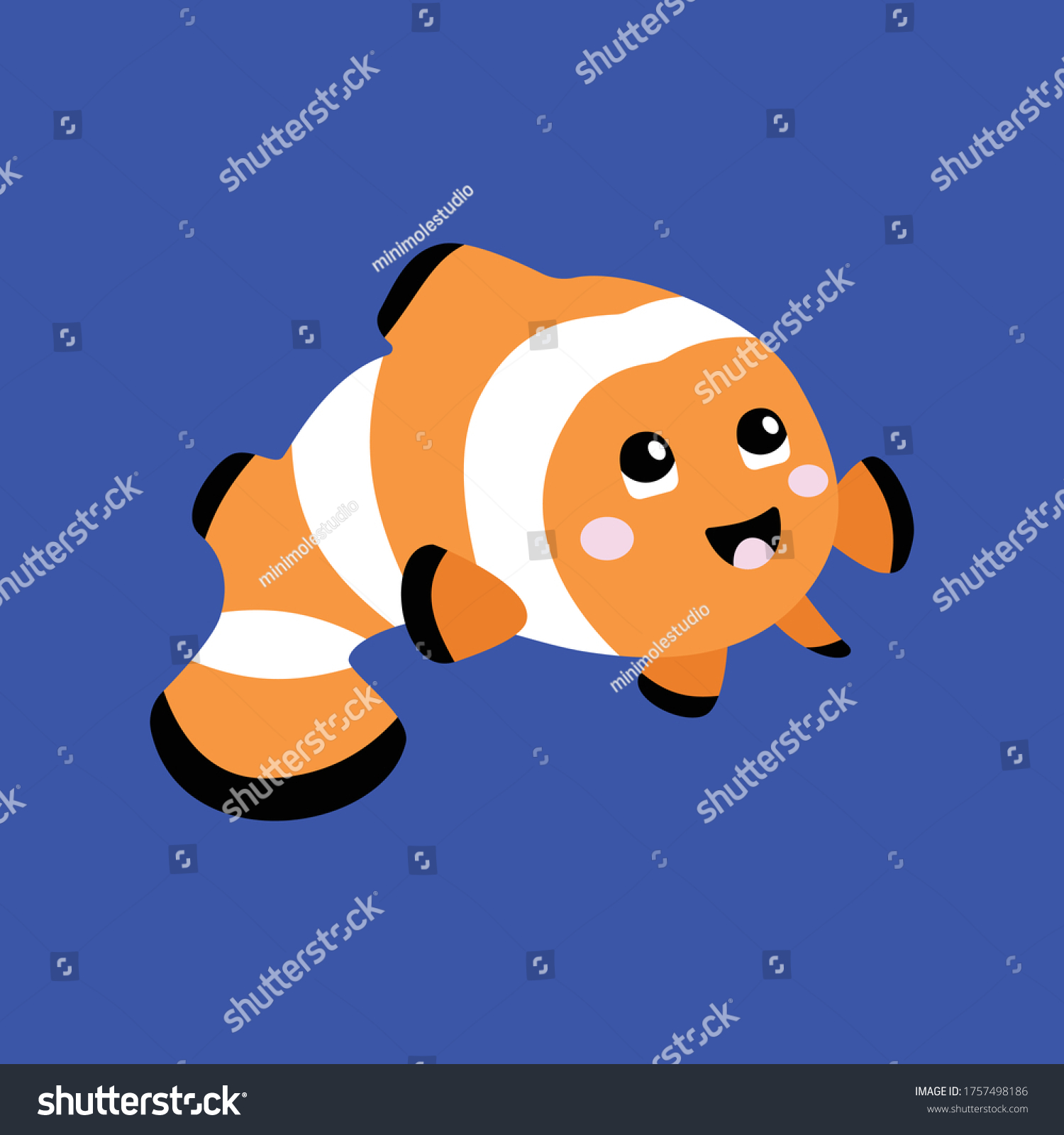 SVG of Vector illustration of a clownfish with a cute face. Simple, flat kawaii style. svg