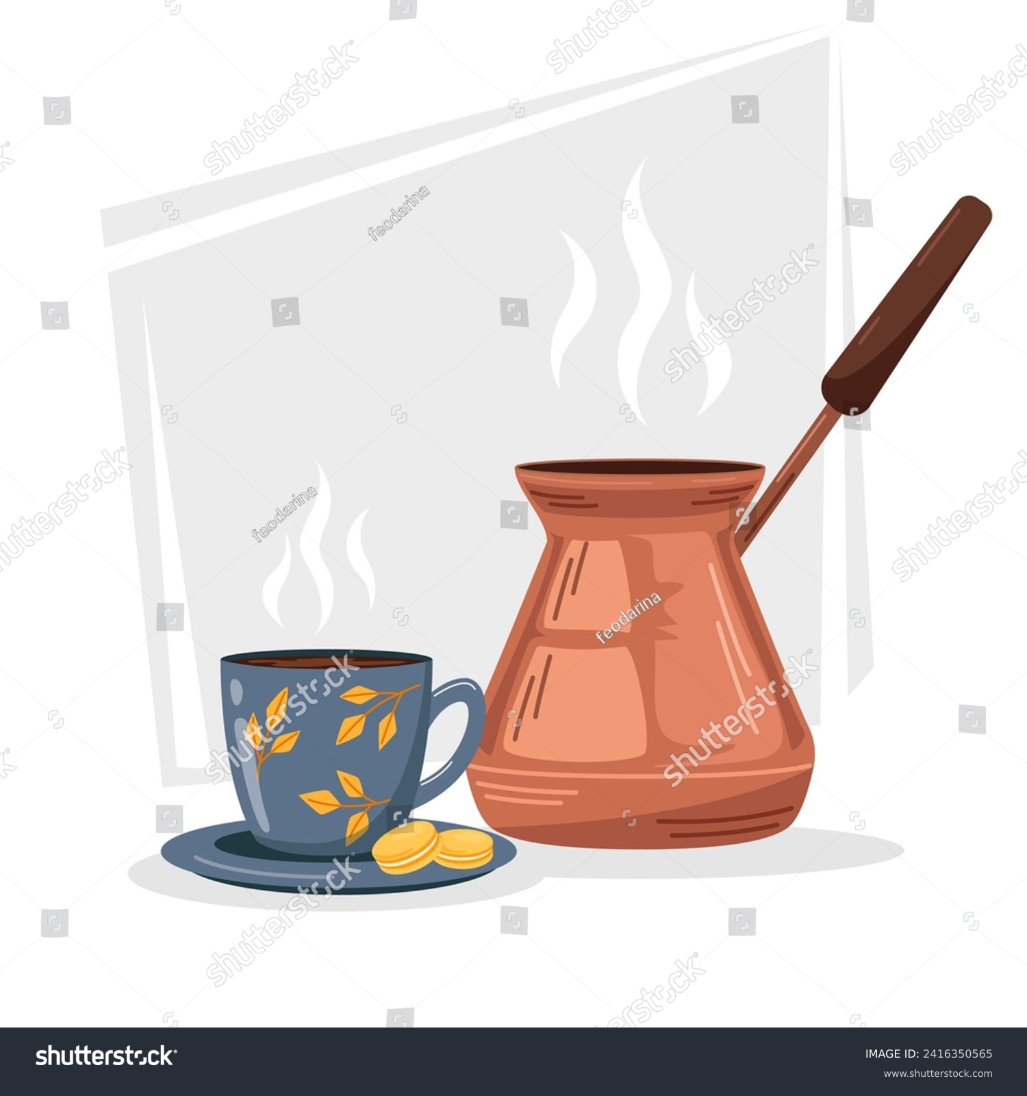 SVG of Vector illustration of a copper Turkish coffee maker and a cup with ready-made hot coffee. Illustration of breakfast, food, drinks. Kitchenware. Equipment for preparing aromatic drinks. svg