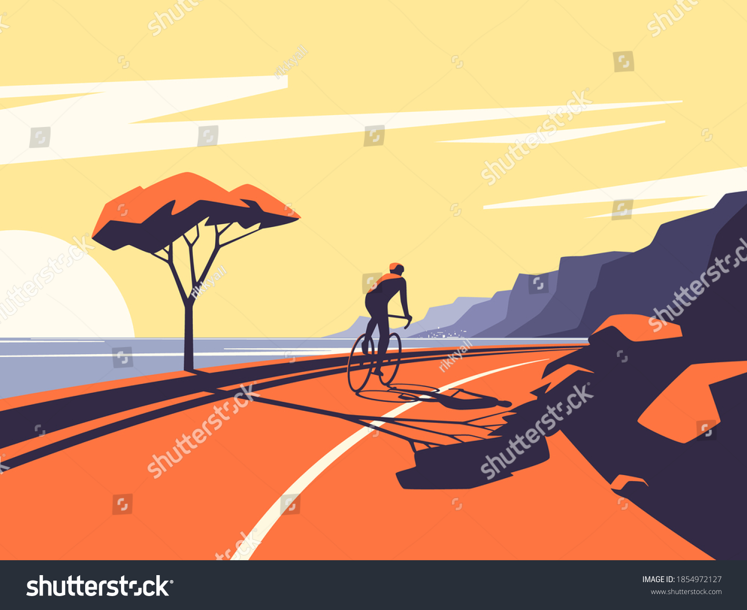 Vector Illustration Cyclist Riding Along Ocean Stock Vector Royalty Free 1854972127 9517