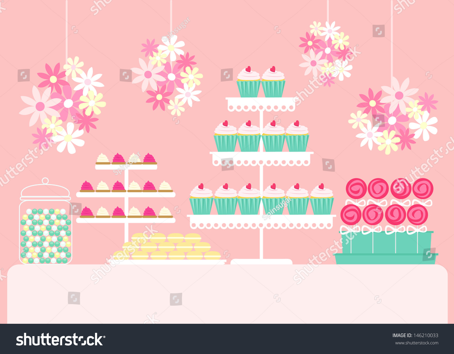 Vector Illustration Of A Dessert Buffet Table With Cupcakes, Chocolate ...