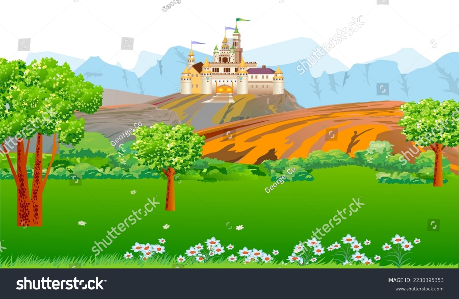SVG of Vector illustration of a fairy tale castle landscape in the mountains. Impregnable medieval fortress. Cartoon style. svg