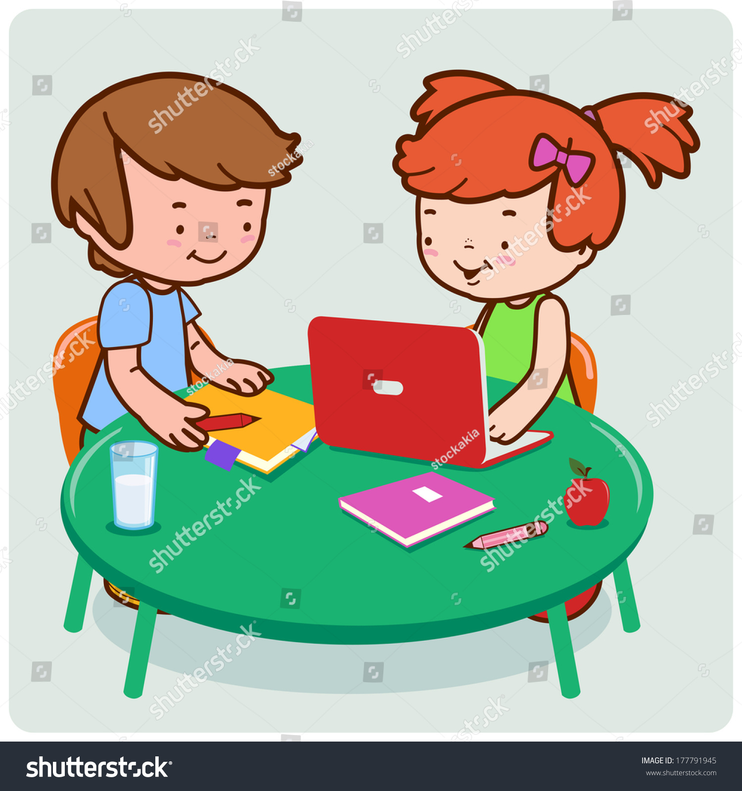 Vector Illustration Of A Girl And A Boy Students Doing Their Homework ...